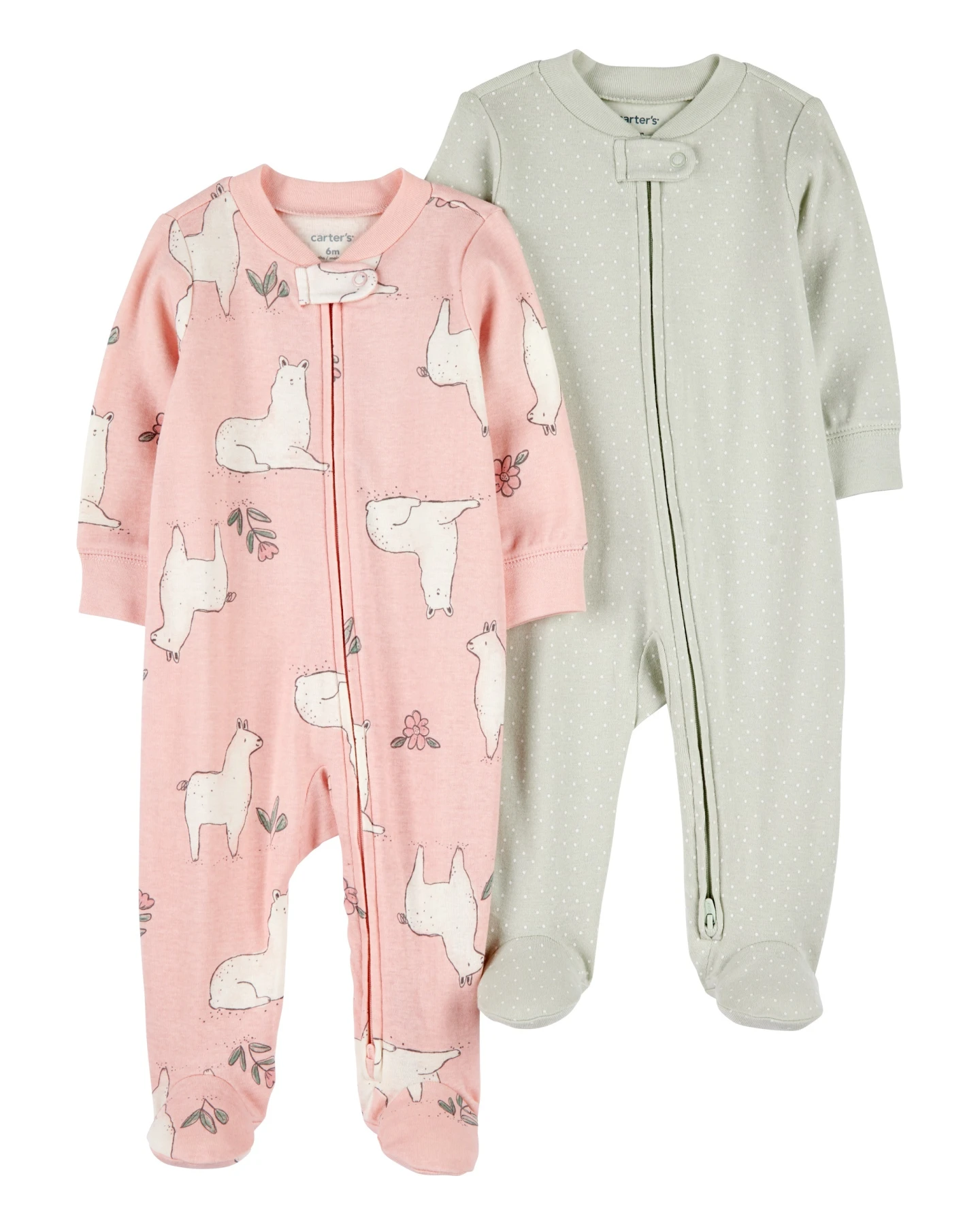 2-Pack 2-Way Zip Cotton Sleep & Play Pajamas - Pink/Green