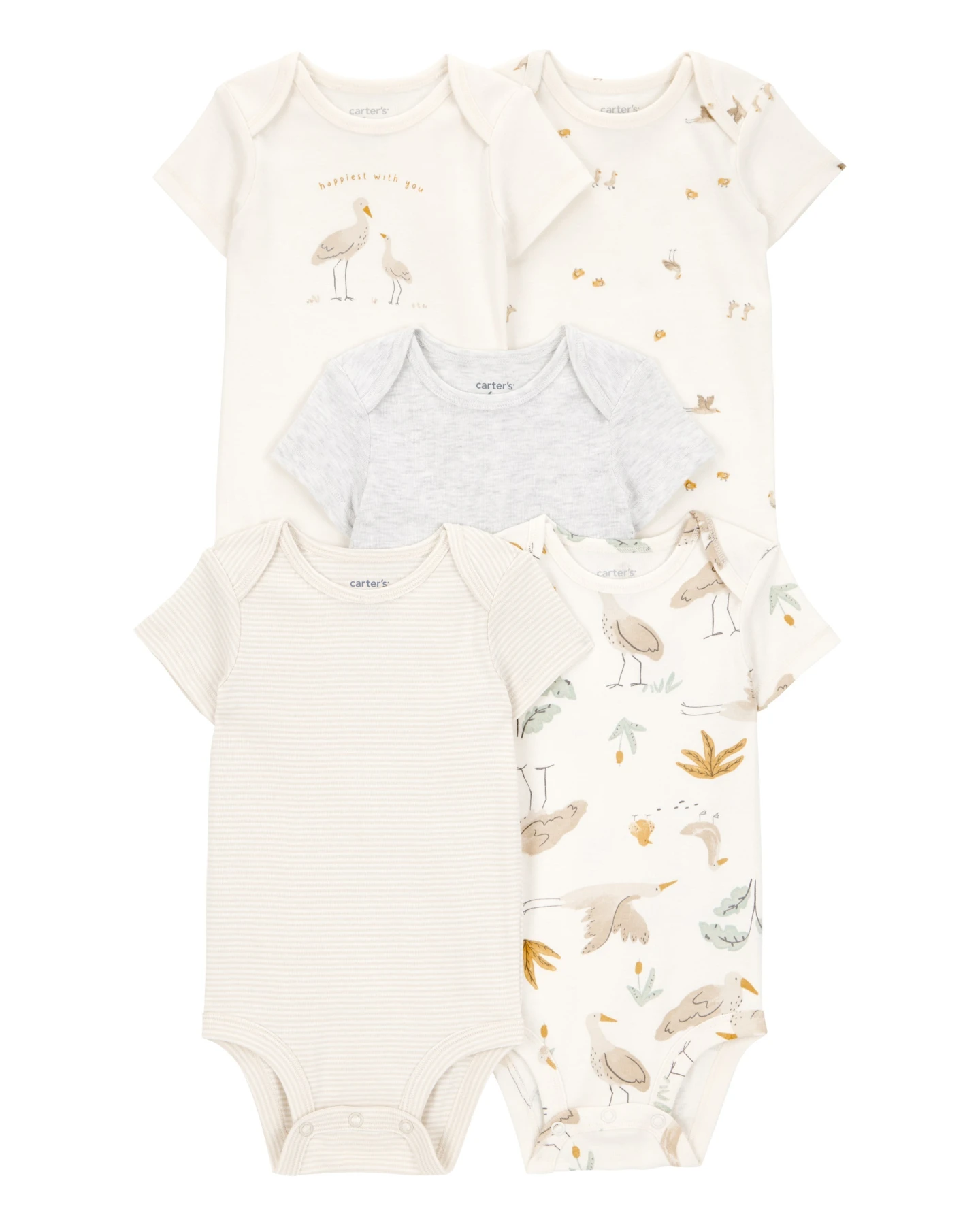5-Pack Striped Birds Short-Sleeve Cotton Bodysuits - Ivory