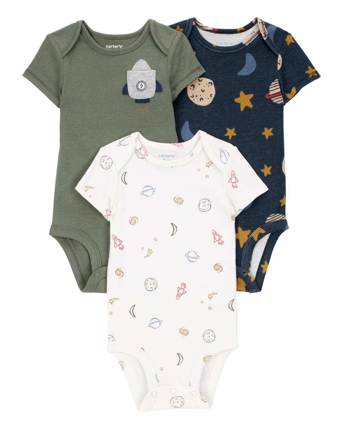 3-Pack Space Short-Sleeve Cotton Bodysuits