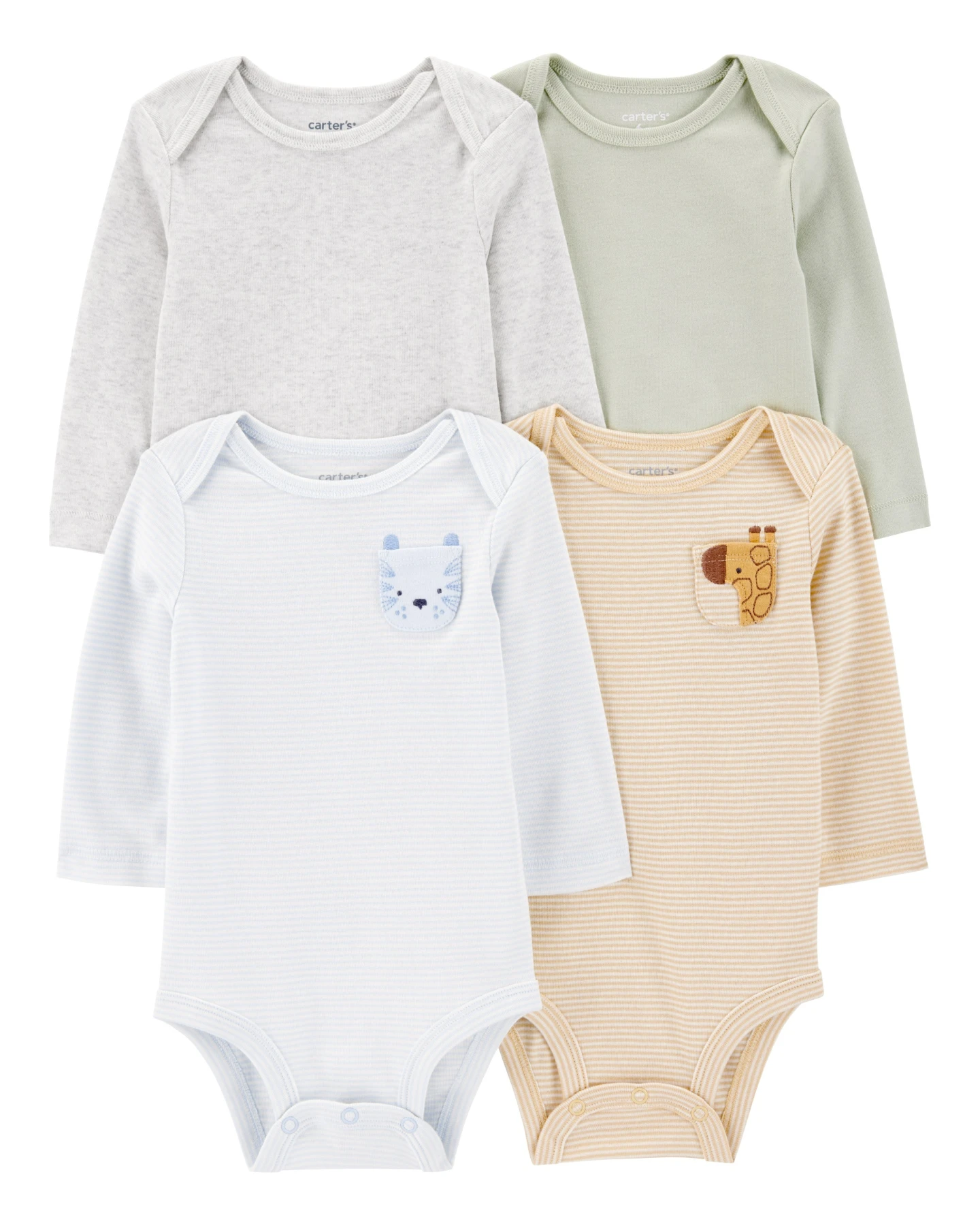 4-Pack Animals Long-Sleeve Cotton Bodysuits