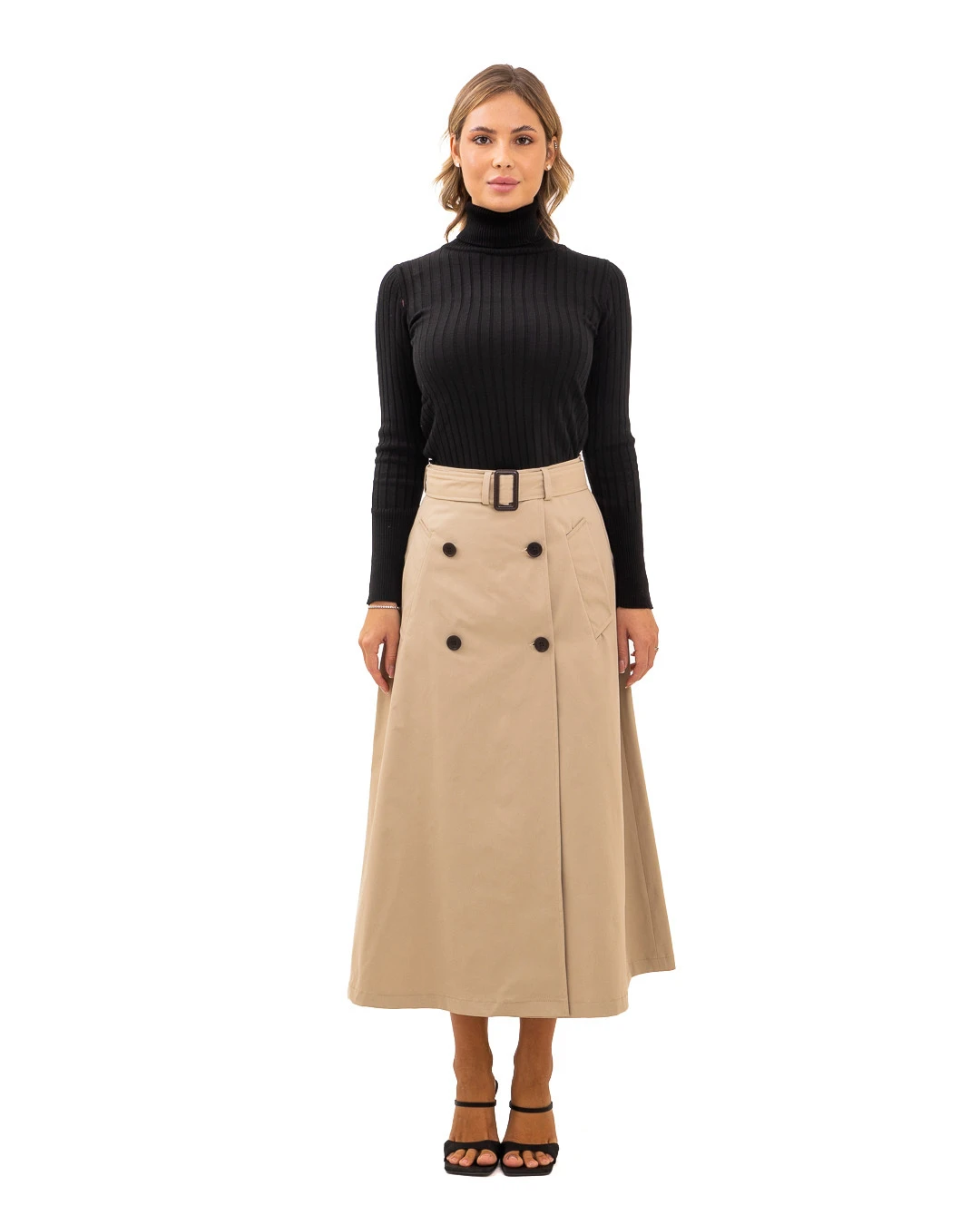 High-Waisted Trench Long Skirt with Double-Breasted Detail Image