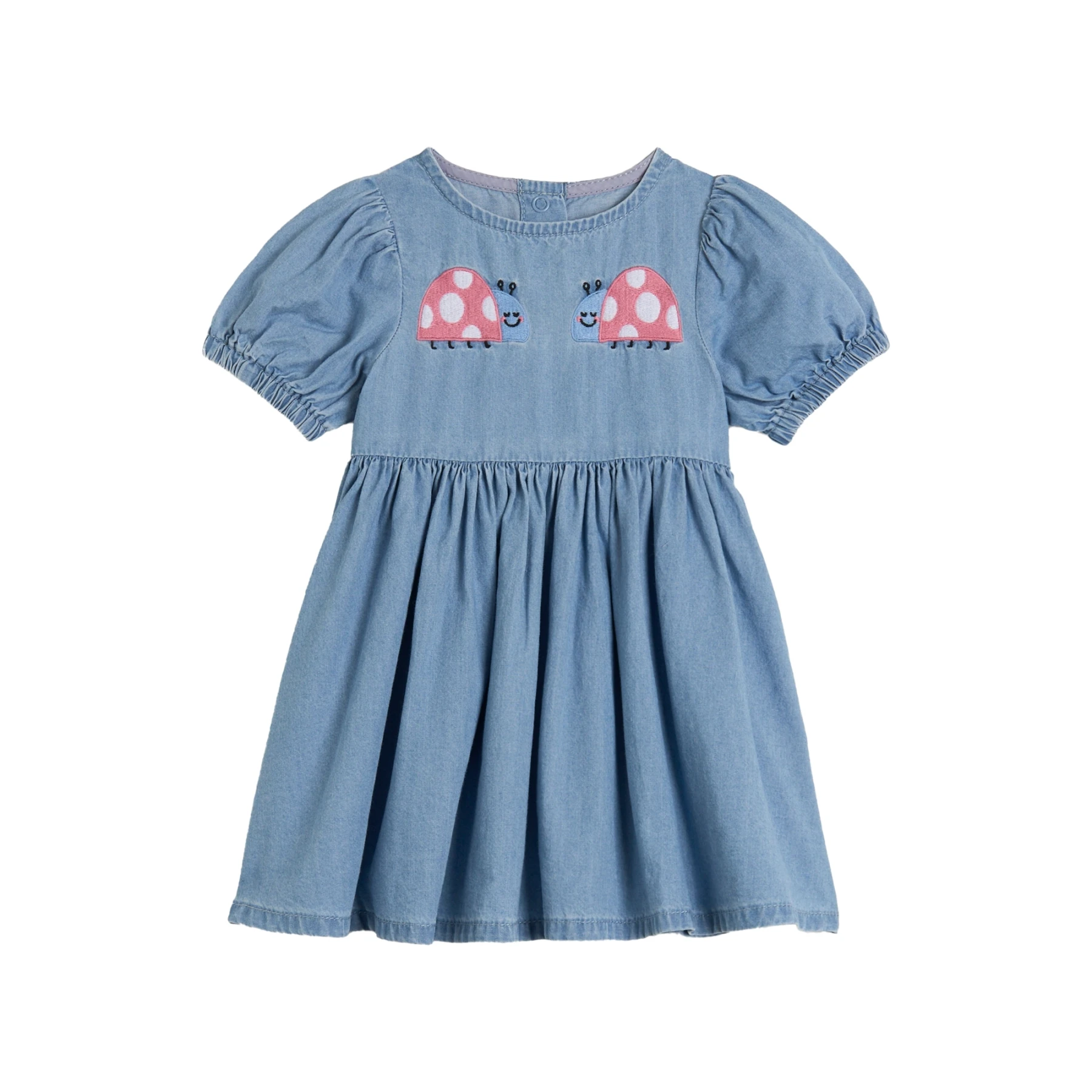 Baby Girl Chambray Ladybug Patch Puff Sleeve Dress