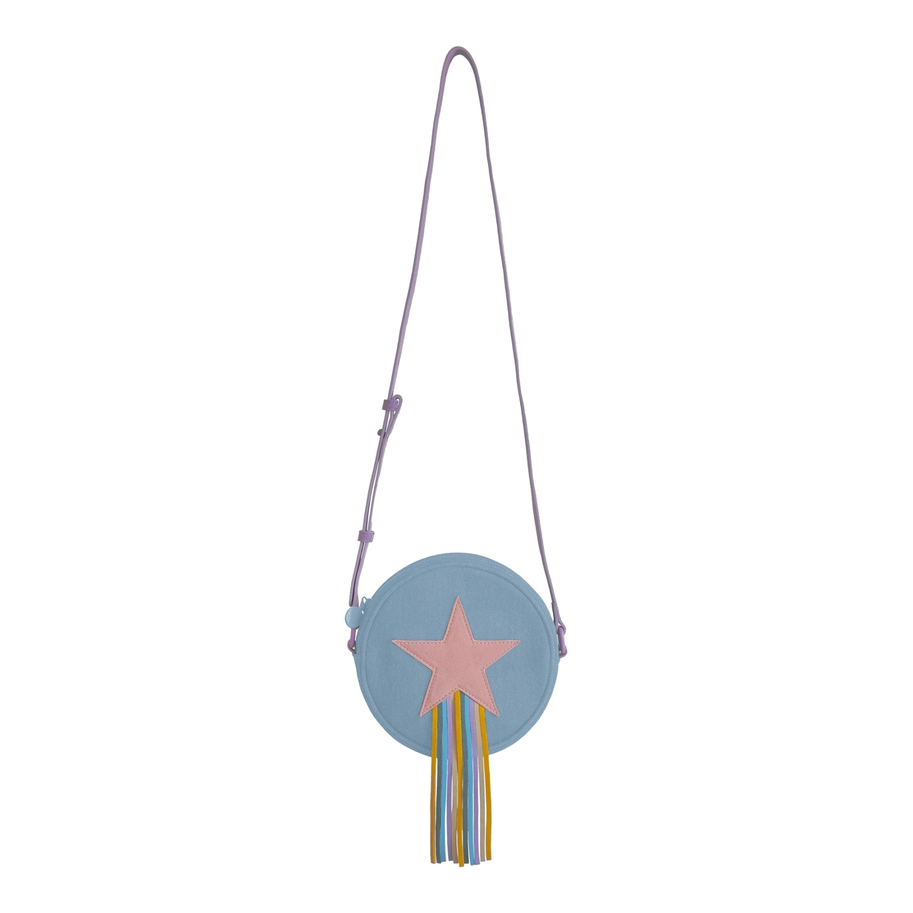 Kids Girls Round Blue Denim Crossbody Bag with Pink Star and Rainbow Tassels