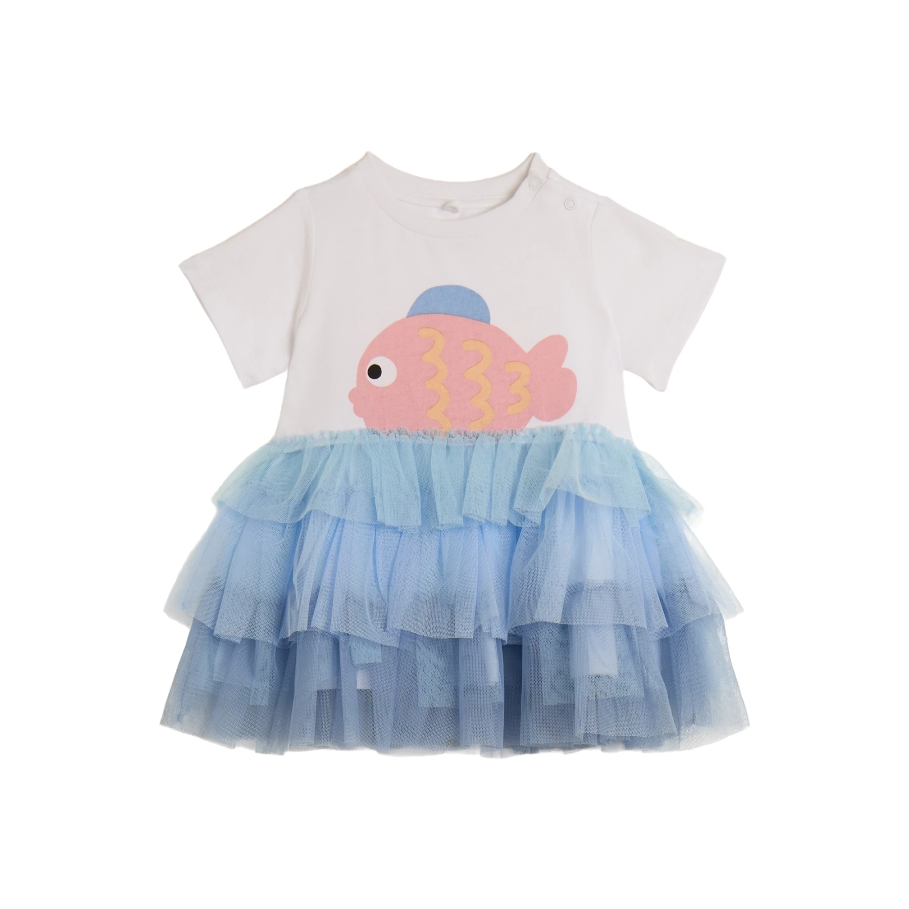 Baby Girl Cotton Dress with Pink Fish and Blue Tiered Tulle Skirt