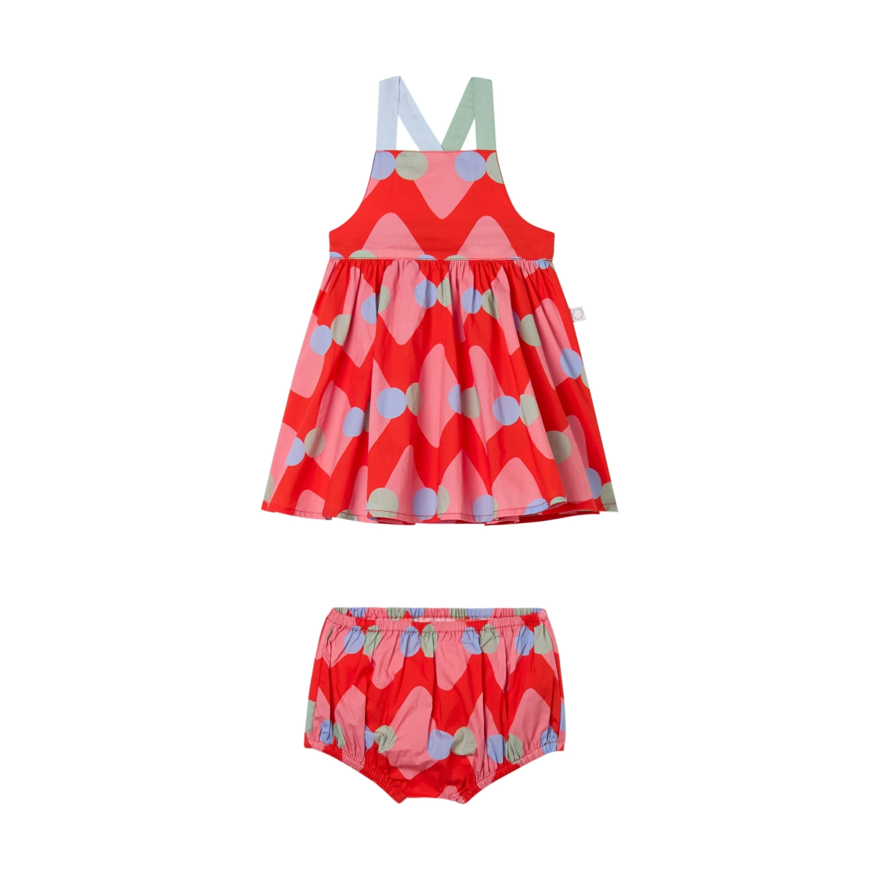 Baby Girl Geometric Sun Dress with Red Patterned Pinafore with Diaper Cover