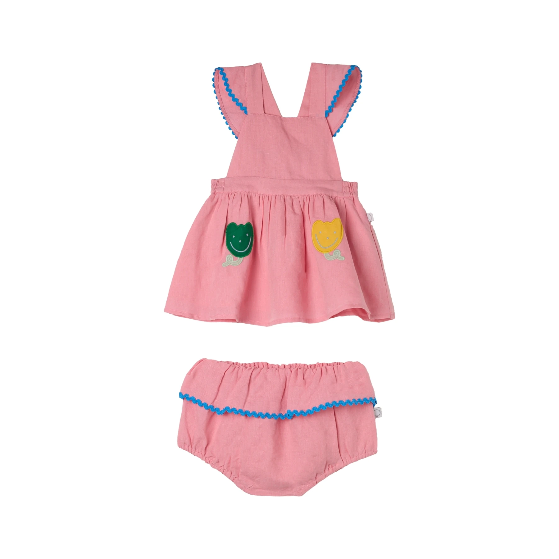 Baby Girl Ruffle Pinafore Dress with Smiley Flower Detail & Matching Bloomers