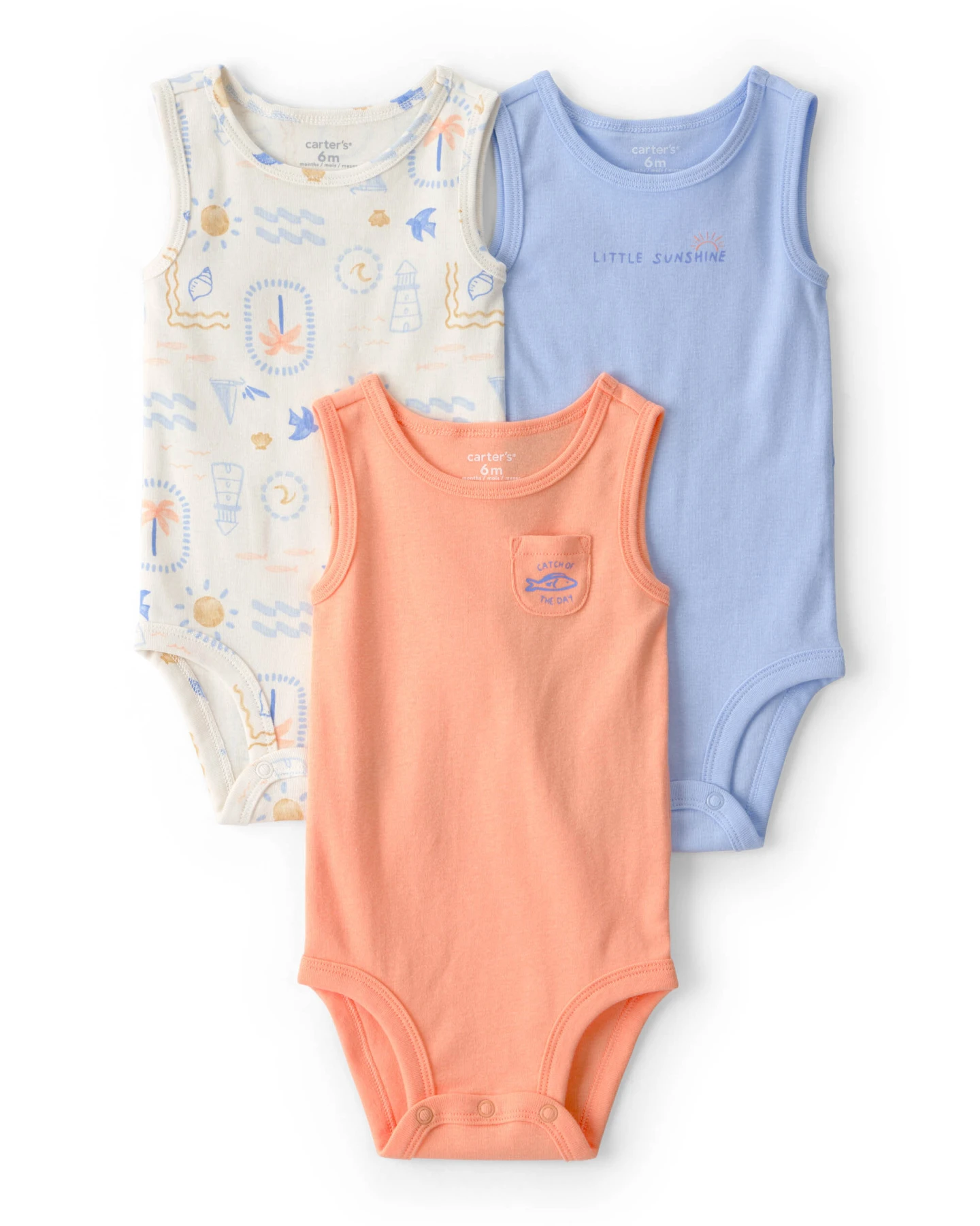Baby Boy 3-Pack Sunshine Sleeveless Multipack Bodysuits - Orange/Blue/Ivory