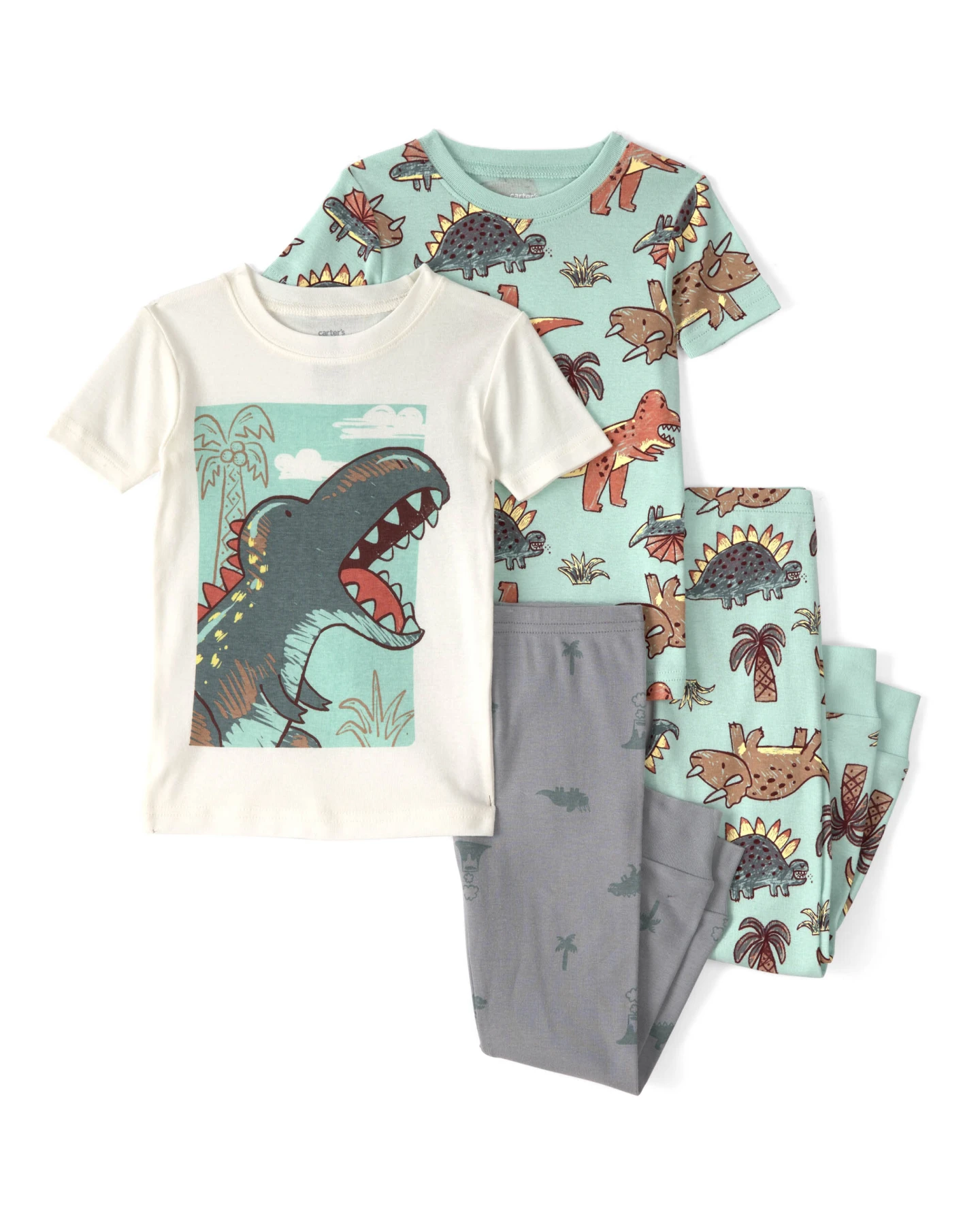Kids Boys Dinosaur 100% Cotton Snug Fit 4-Piece Pyjama Set - Blue/Grey