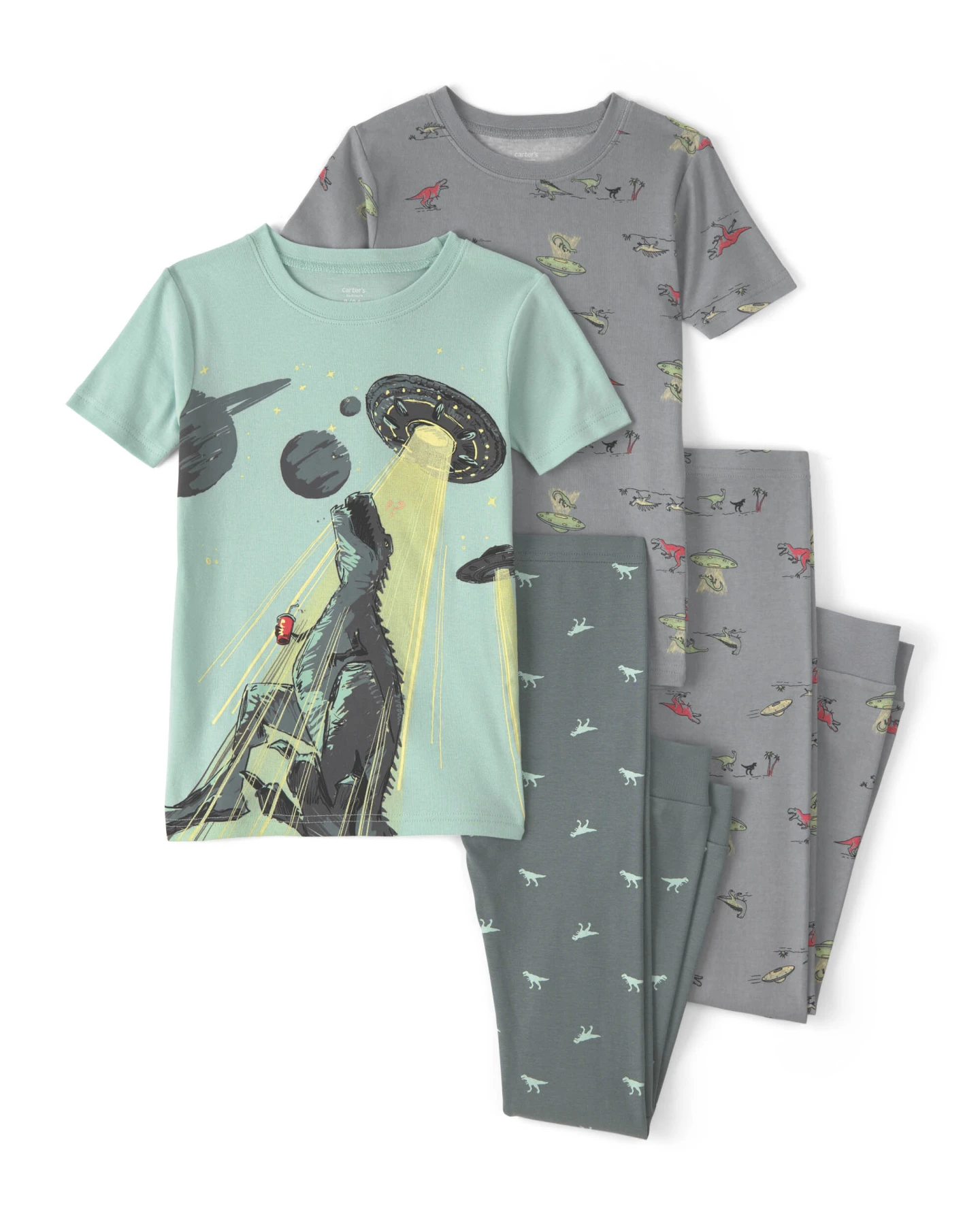 Kids Boys Dinosaur 100% Cotton Snug Fit 4-Piece Pyjama Set - Green/Grey
