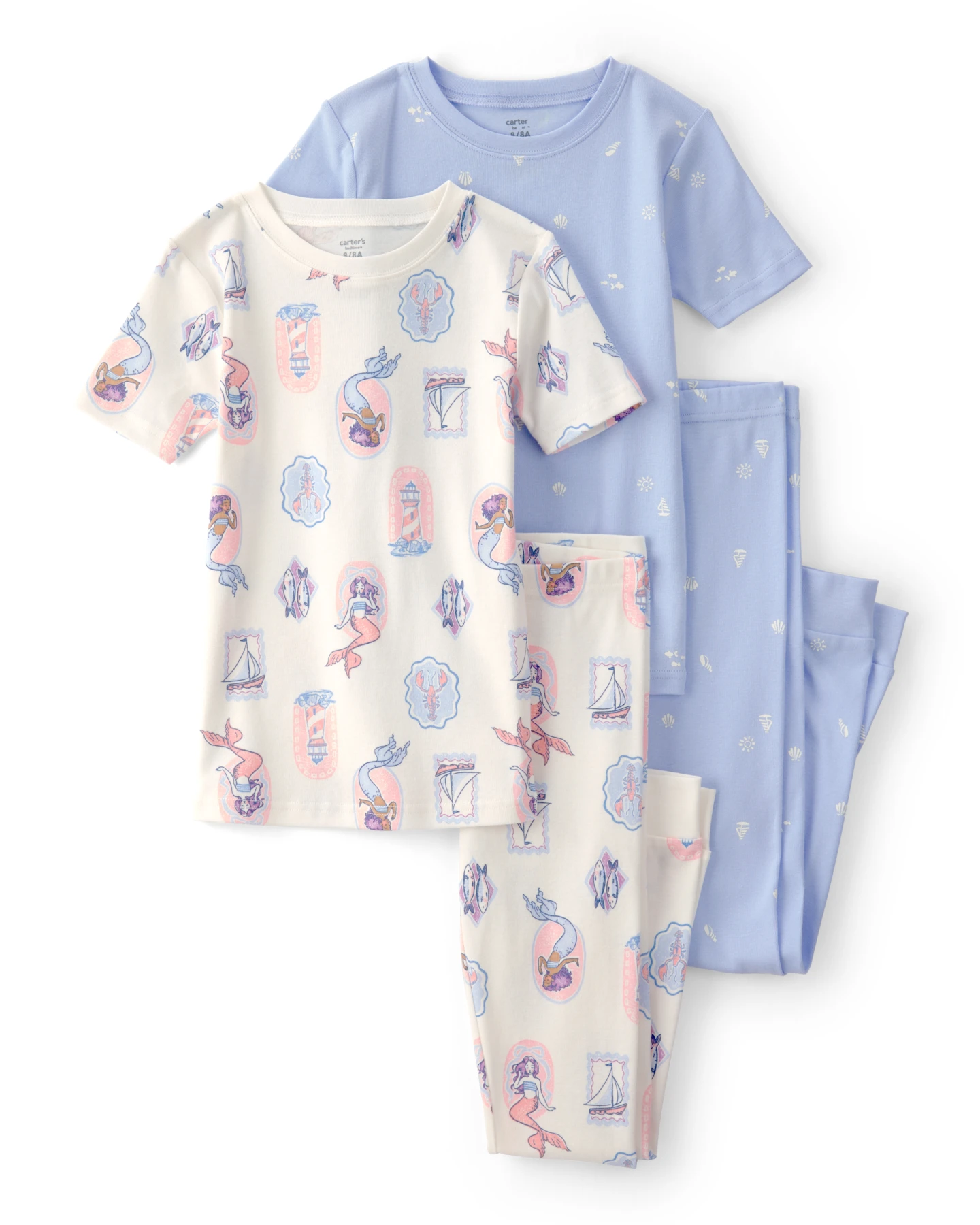 Kids Girls Mermaid 100% Cotton Snug Fit 4-Piece Pyjama Set - Blue/Ivory