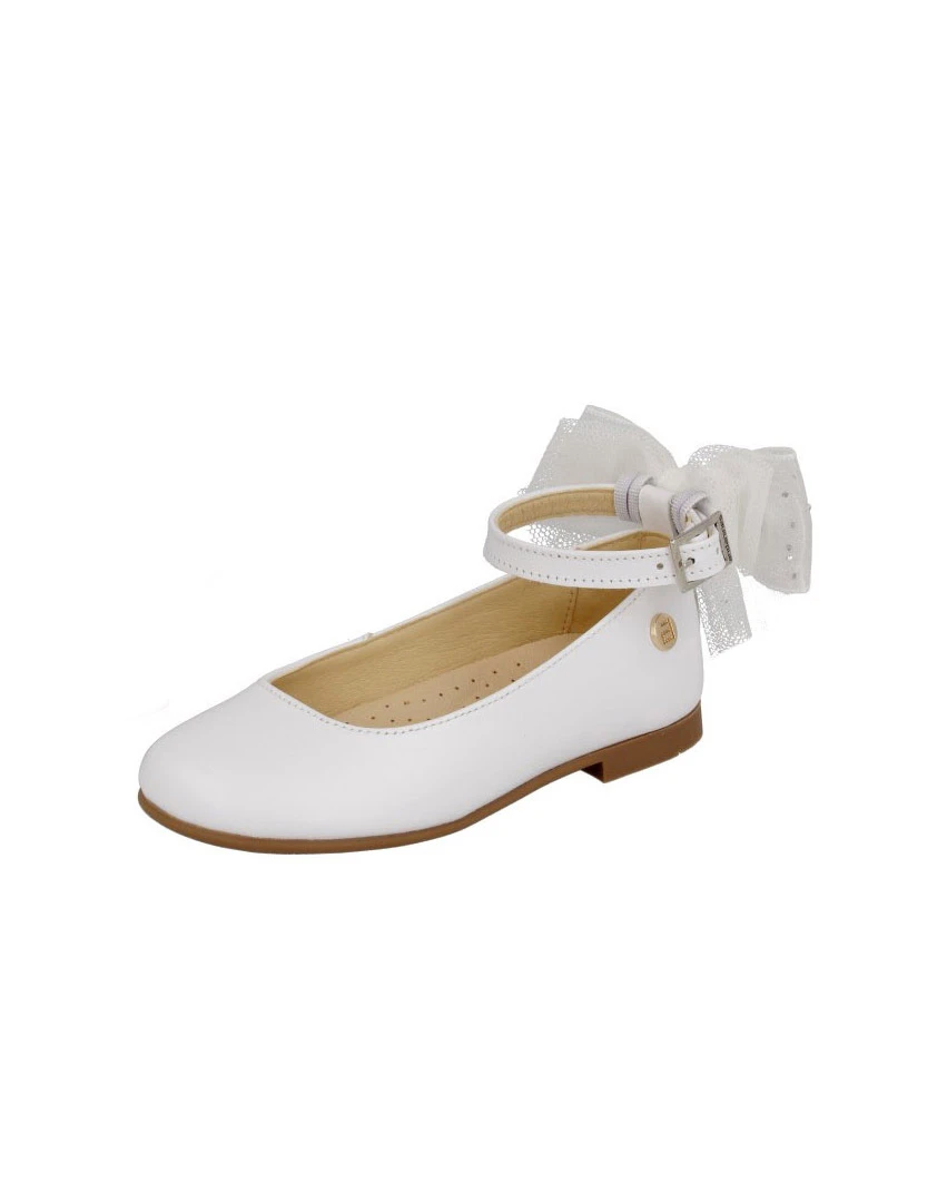Baby Girl Leather Ankle-Strap Flats with Tulle Heel Bow
