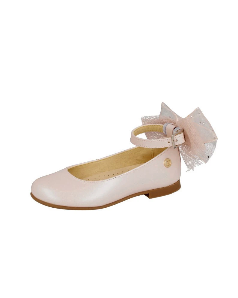 Baby Girl Ankle-Strap Leather Ballerina with Sparkling Tulle Bow