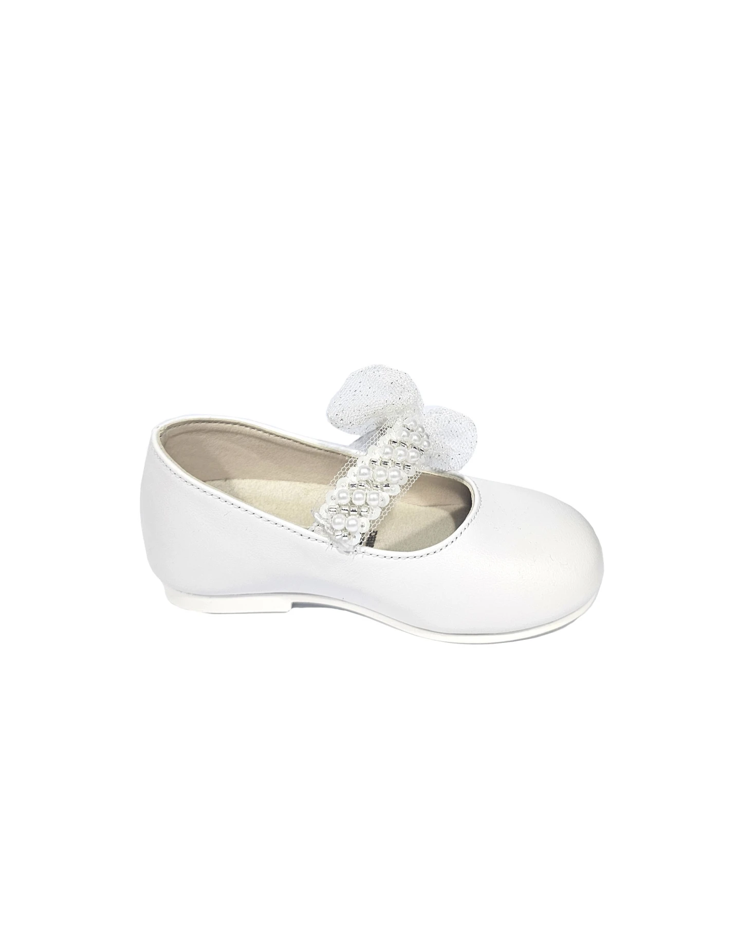 Baby Girl Tulle & Pearls Single Strap Velcro Leather Ballerinas