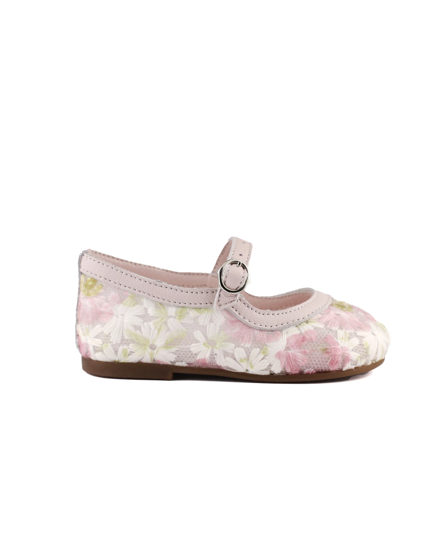 Baby Girl Leather Details Mesh Flowers Fabric Ballerinas