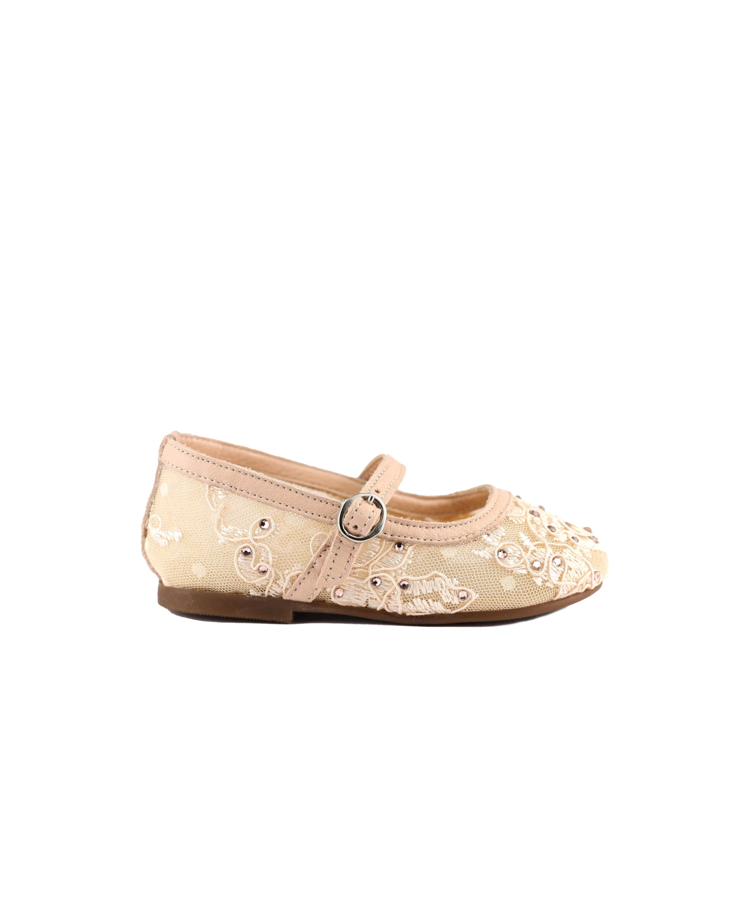 Baby Girl Leather Details Mesh Lace Fabric Ballerinas