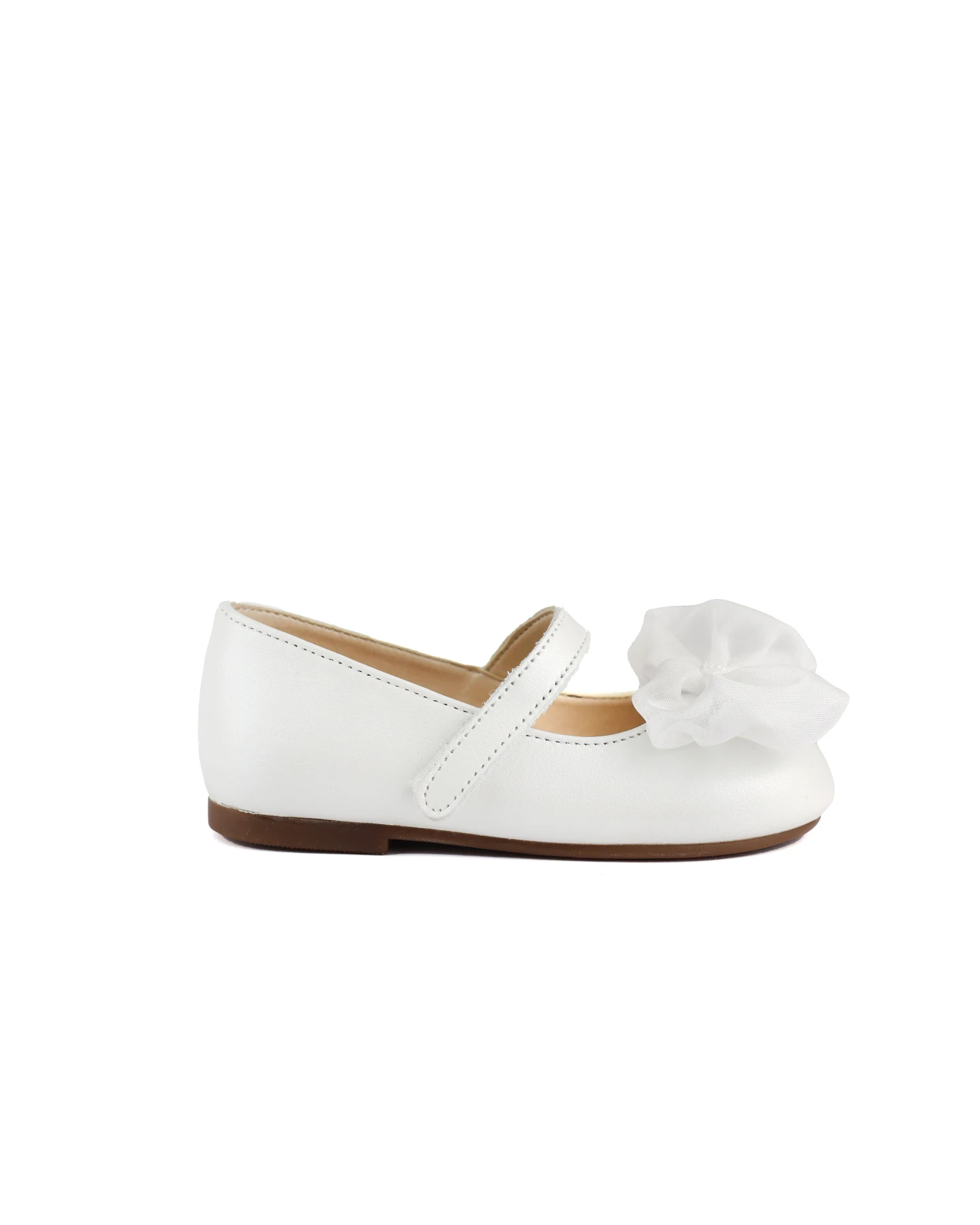 Baby Girl Organza Bow Embellished Single Strap Leather Ballerinas