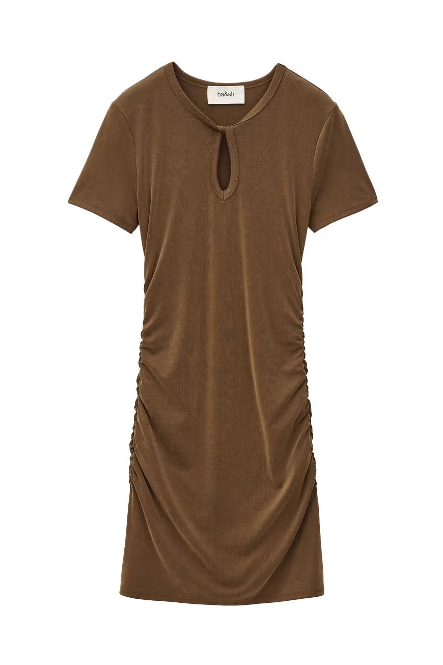 Ruched Keyhole Short Sleeve Mini Dress
