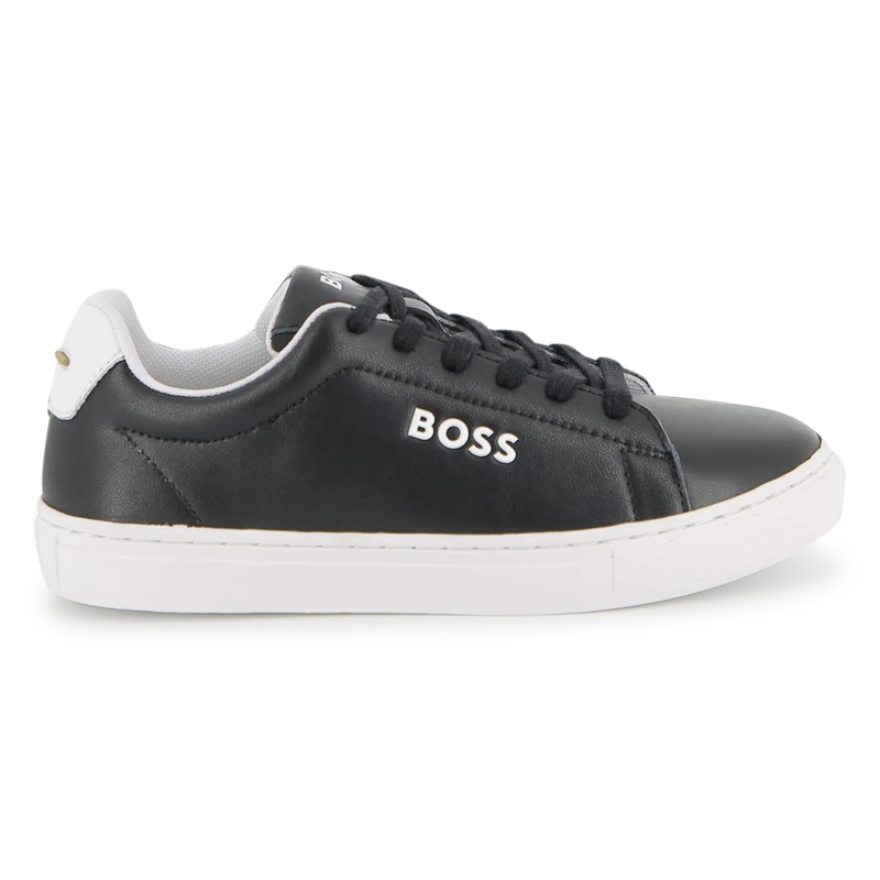 Kids Boys Leather Lace Up Sneaker with Logo