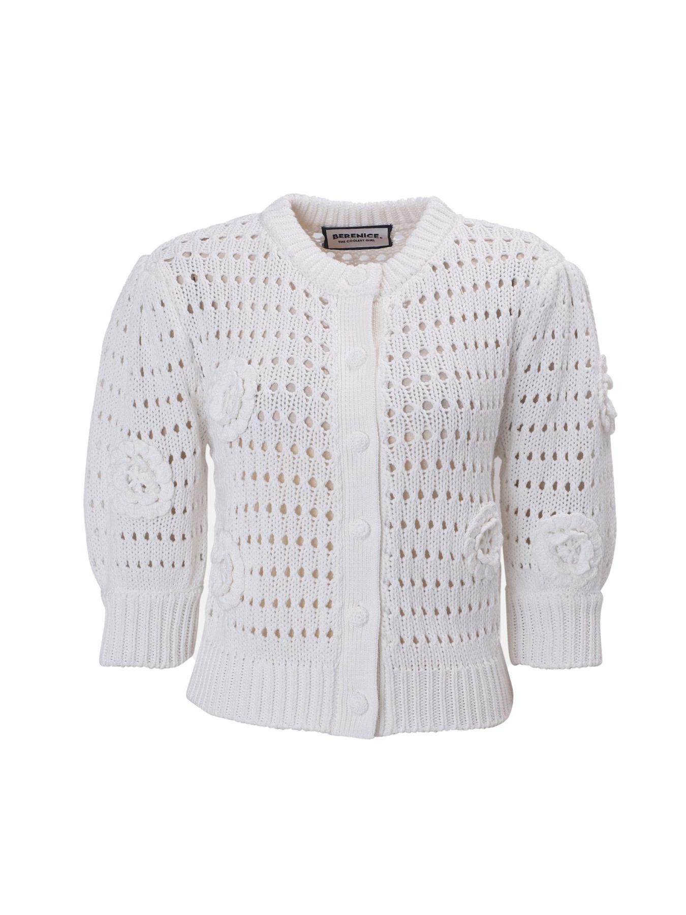 Short-Sleeved Round-Neck Cotton Cardigan With Flowers