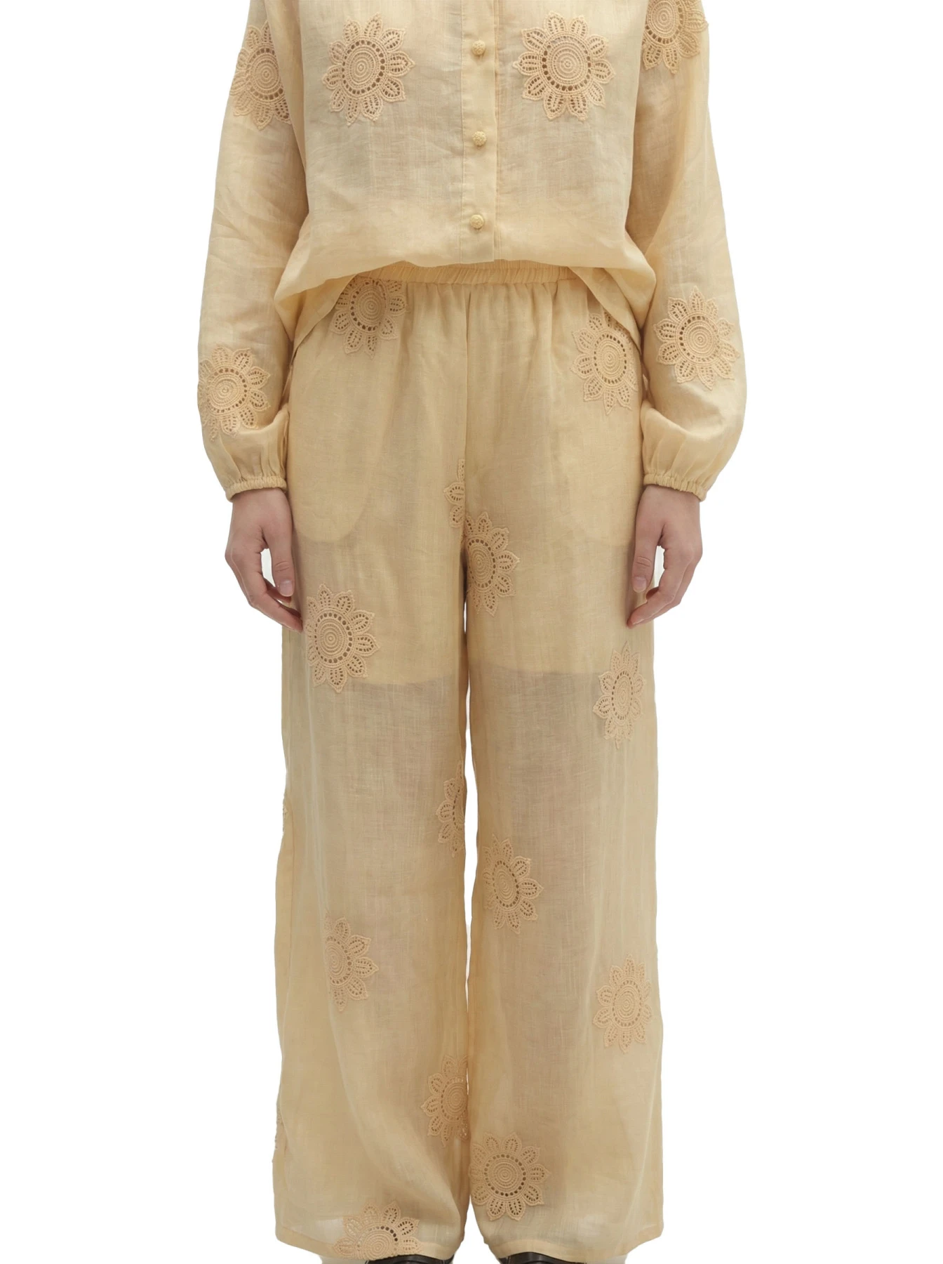 Wide-Leg Pants With Elastic Waist And Crochet-Style Flow