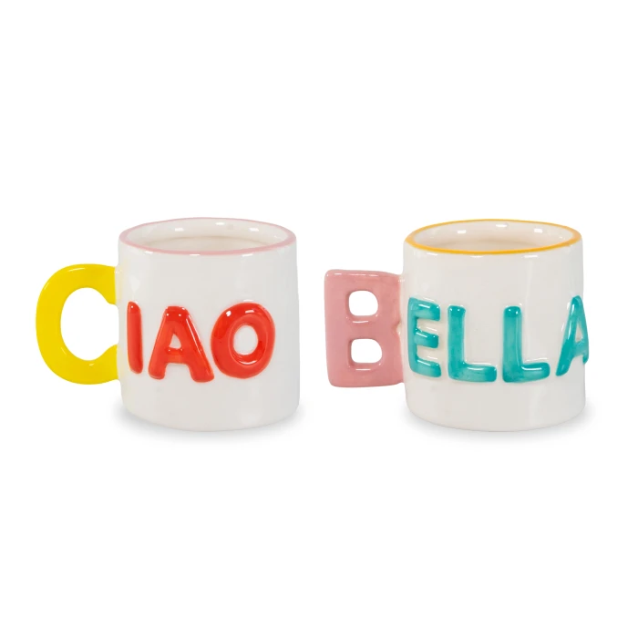 Set Of 2 - Stoneware Coffee Cups Capacity 100 Ml Ciao Bella Decoration