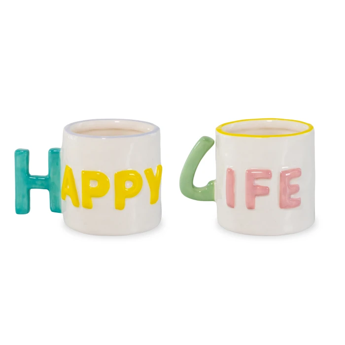 Set Of 2 - Stoneware Coffee Cups Capacity 100 Ml Happy Life Decoration