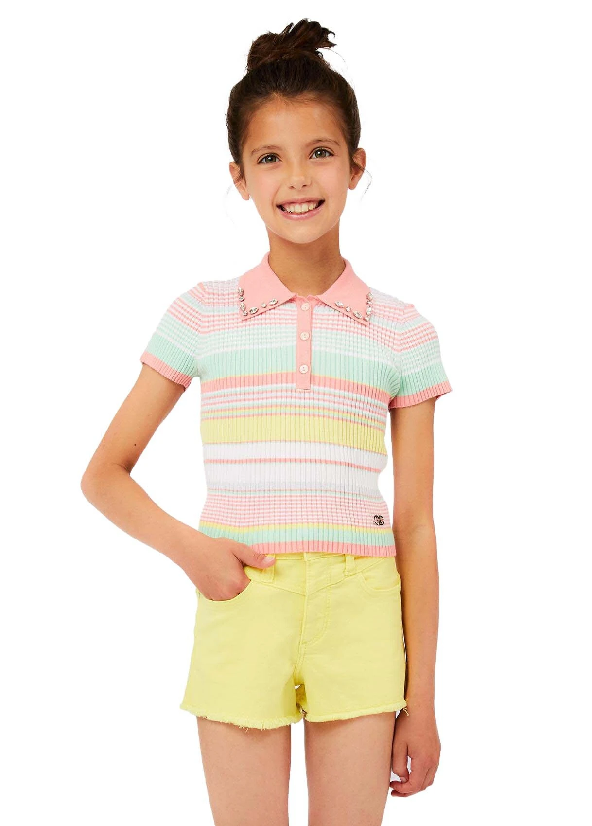 Kids Girls Striped Rib-Knit Polo with Embellished Collar