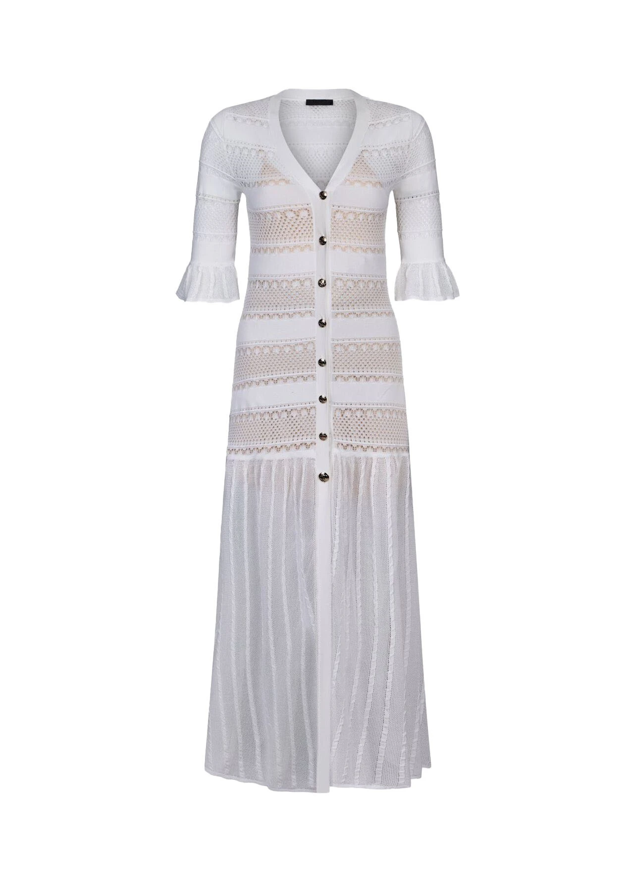 Perforated Knit Long Dress With a V-Neckline Image