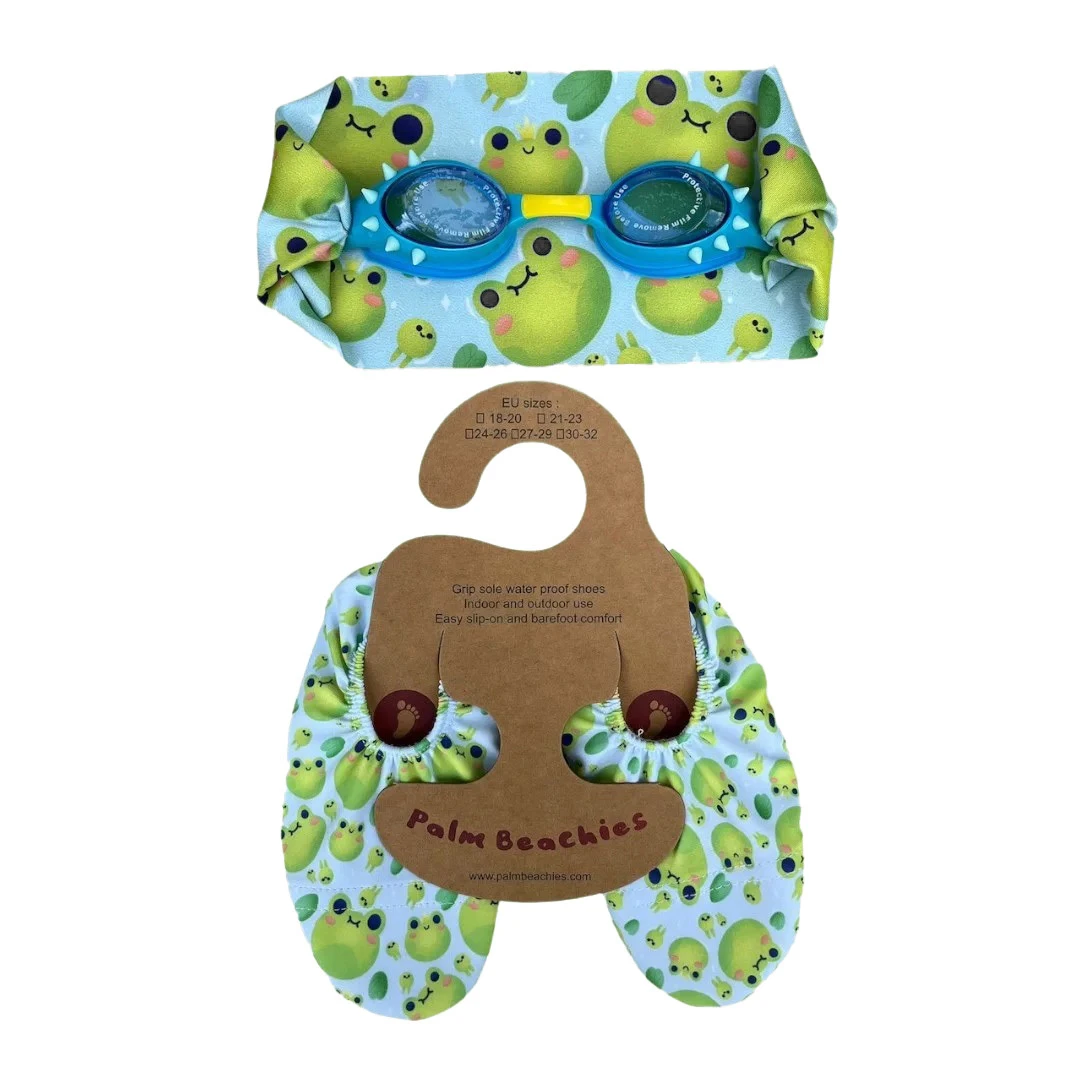 Baby Girl Set of Swim Goggles & Frog Printed Beach Slippers - Small