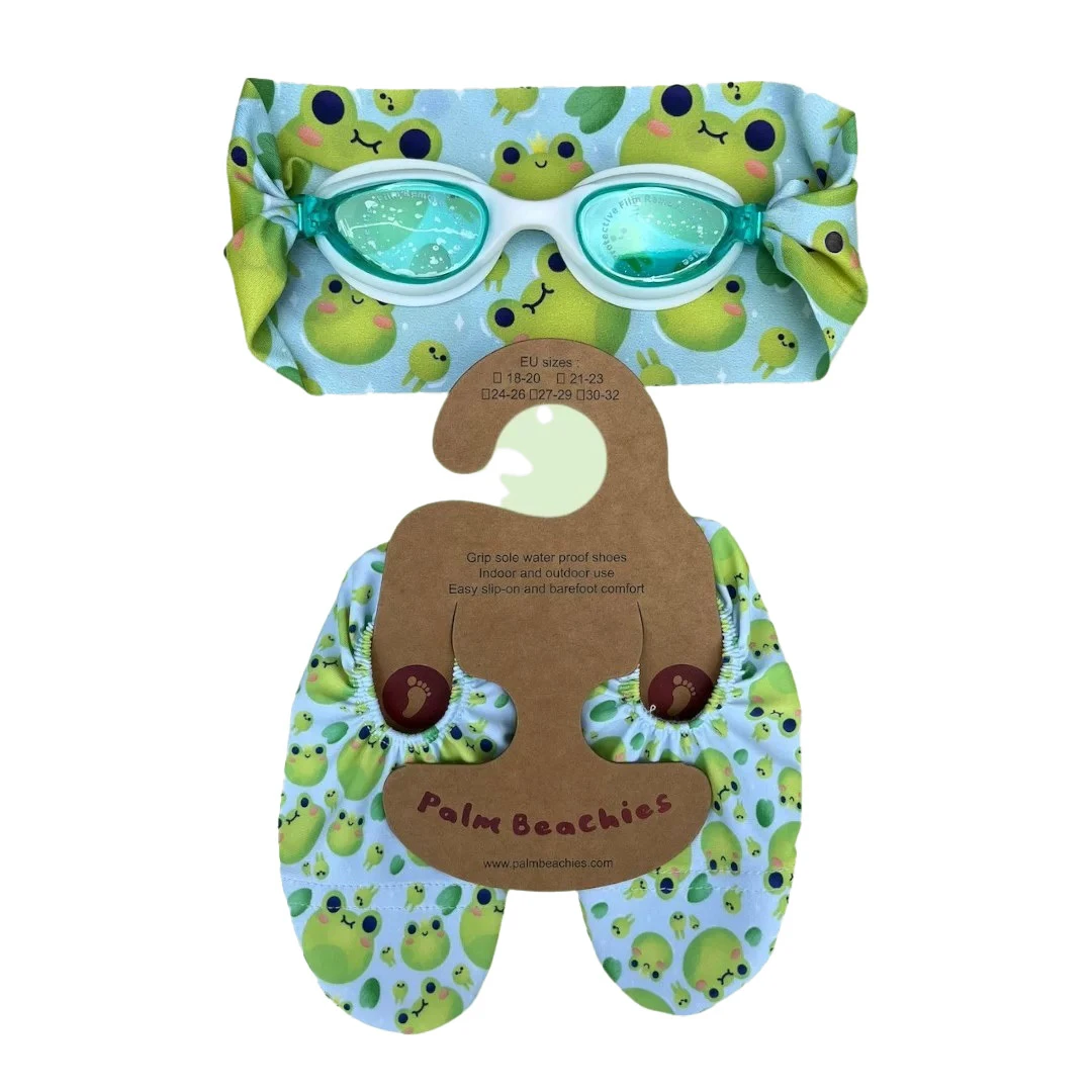 Kids Boys Set of Swim Goggles & Frog Printed Beach Slippers - Large