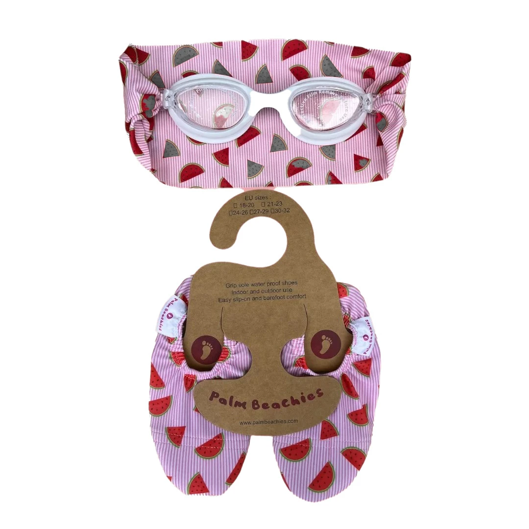 Kids Girls Set of Swim Goggles & Watermelon Printed Beach Slippers - Large