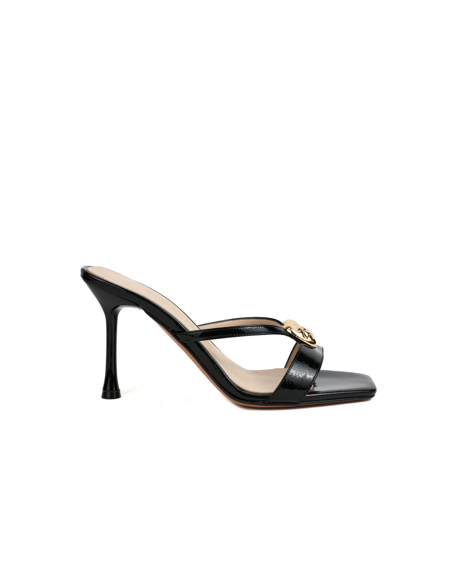 Patent Heeled Mules with Gold Heart Accent