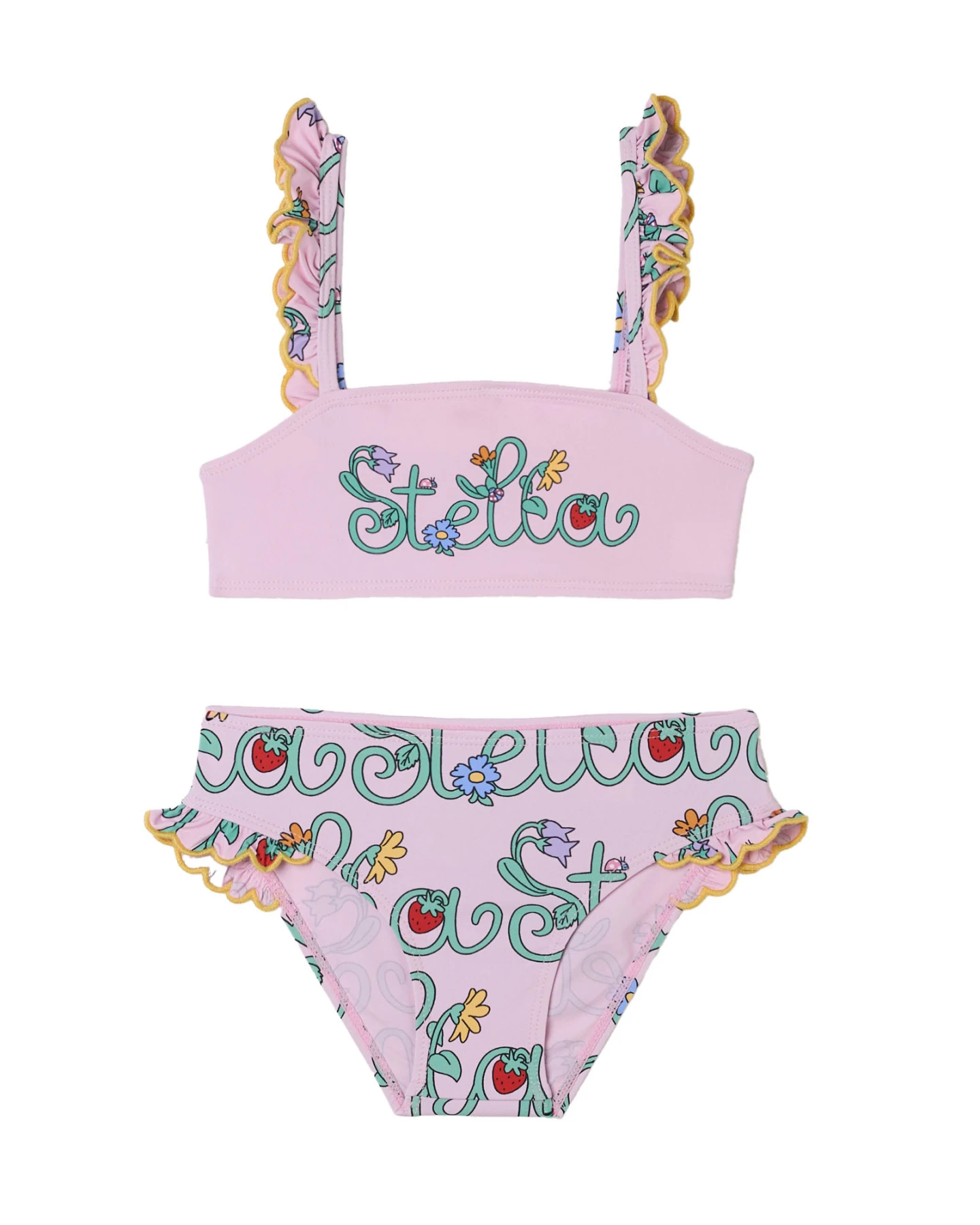 Kids Girls Two-Pieces Swimsuit with Strawberry Garden Print and Yellow Ruffle Sleeves