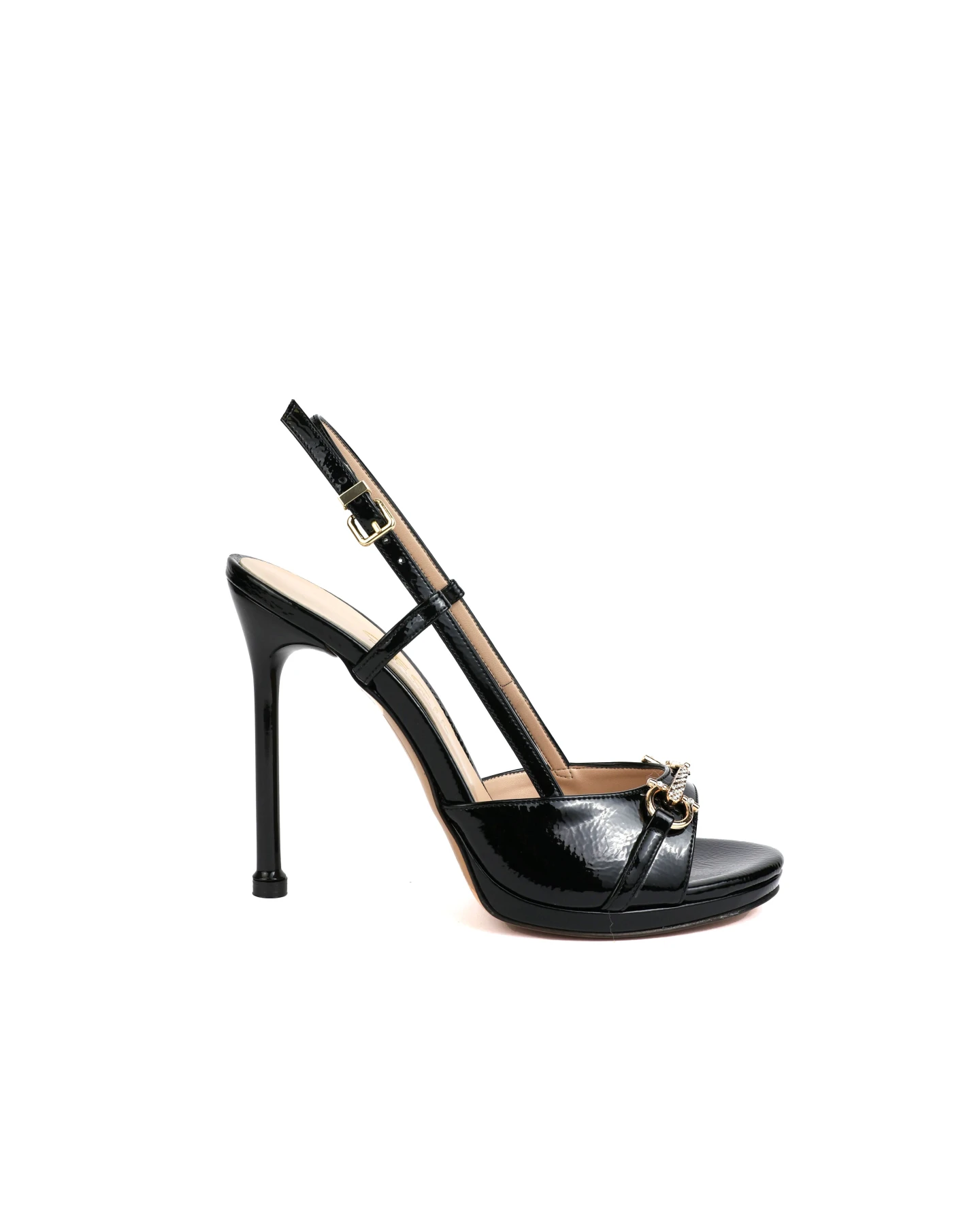 Patent Leather Stiletto Sandals with Crystal Buckle Detail