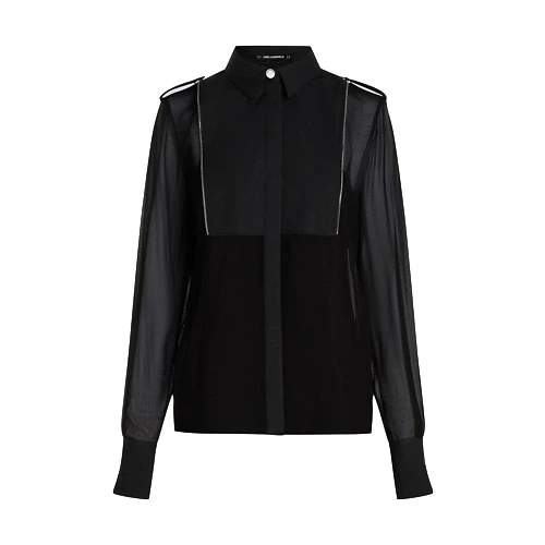 Sheer Chiffon Button-Up Shirt with Metallic Piping