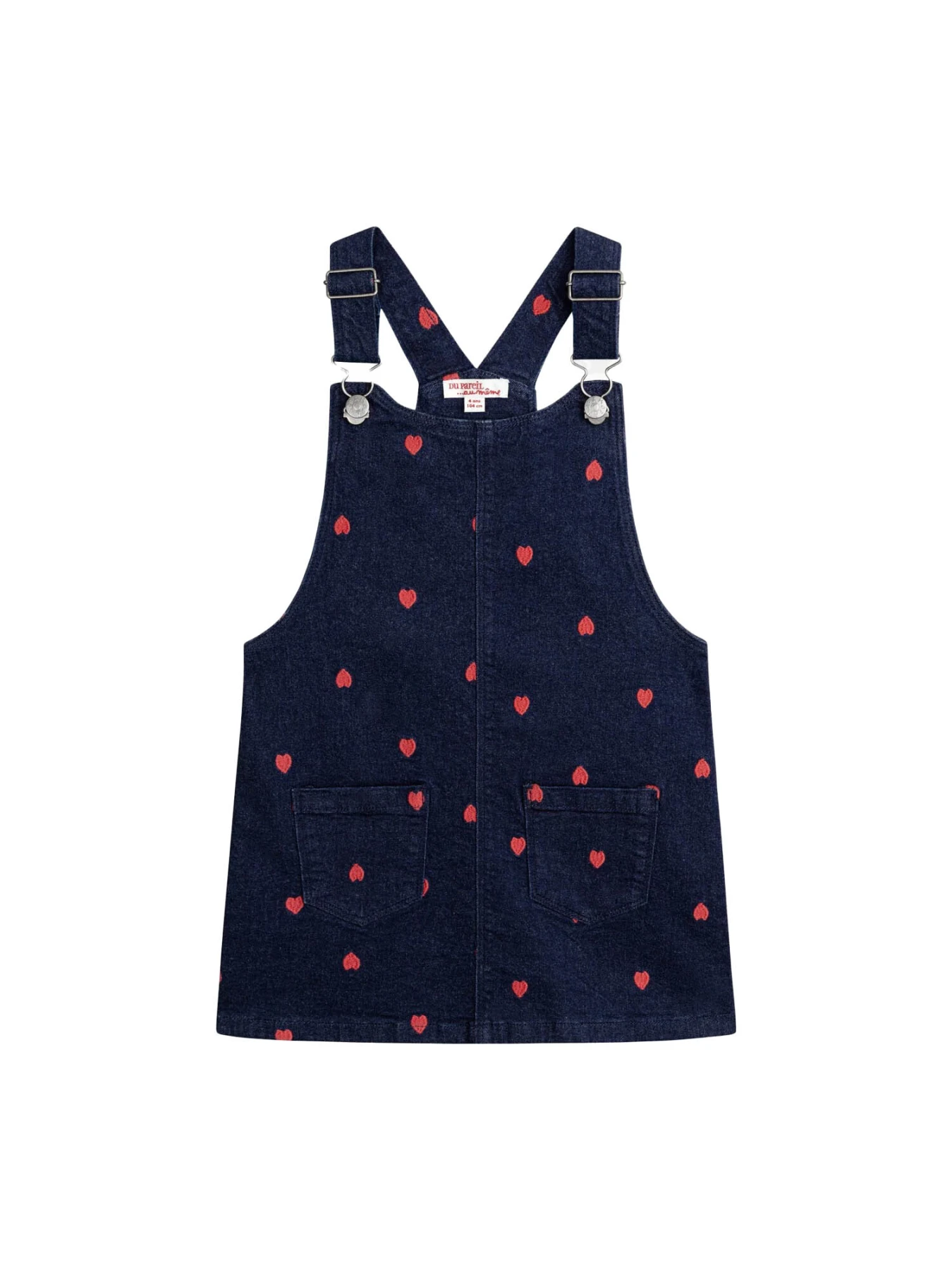Kids Girls Denim Pinafore Dress With Red Heart Embroidery