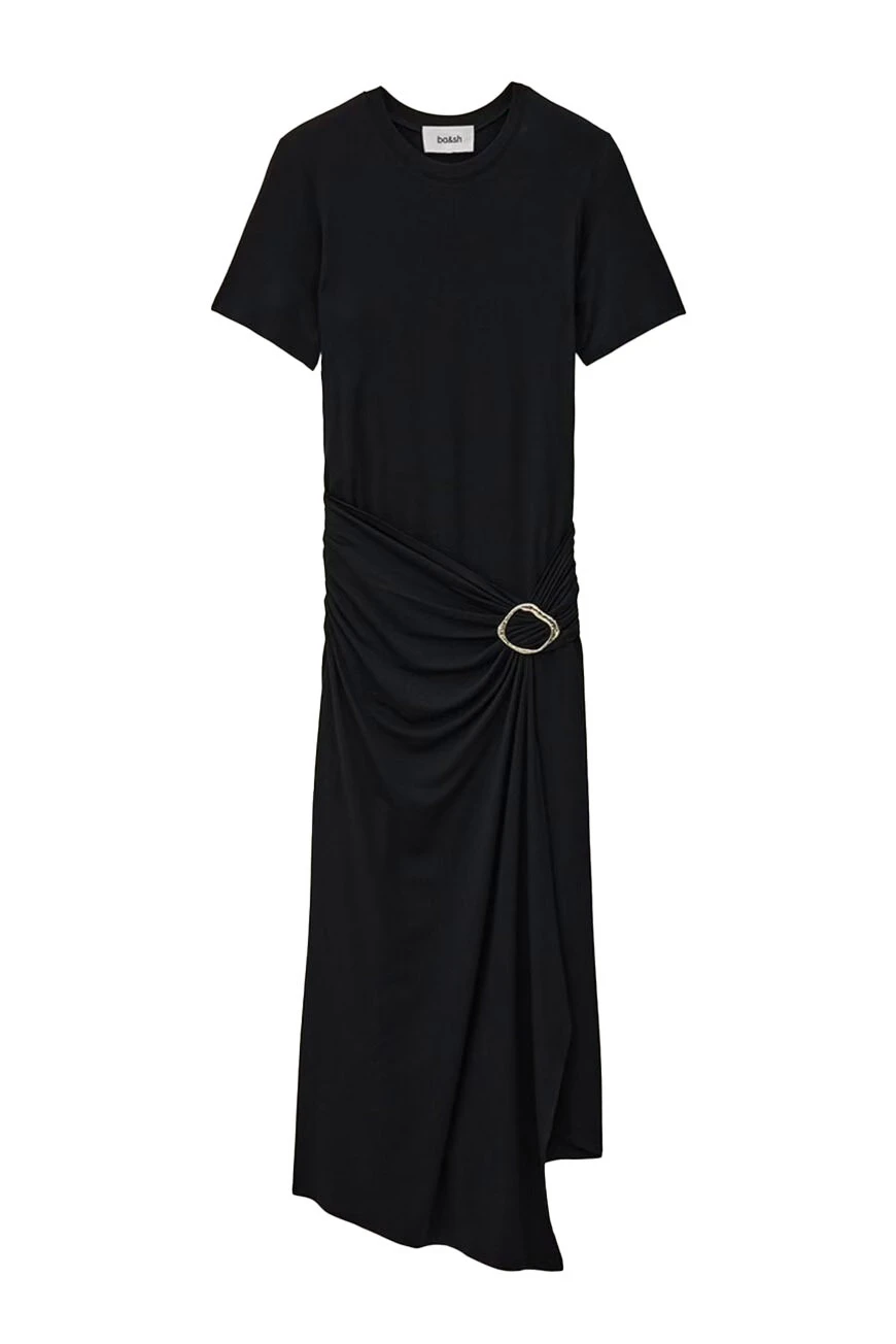 Short-Sleeve Midi Dress with Ruched Side and Buckle Detail