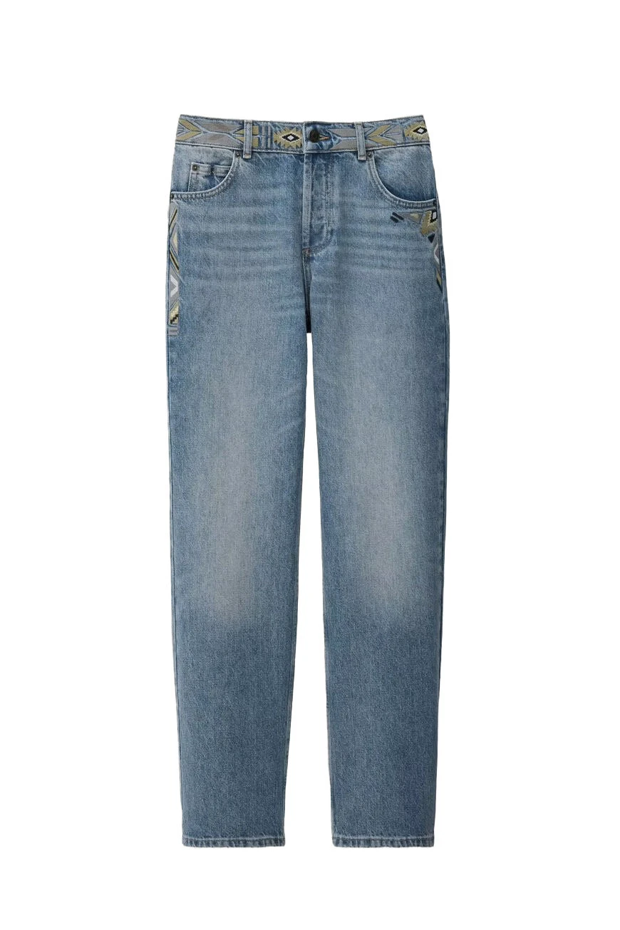 Straight-Leg Jeans with Embroidered Waistband and Pocket Detail