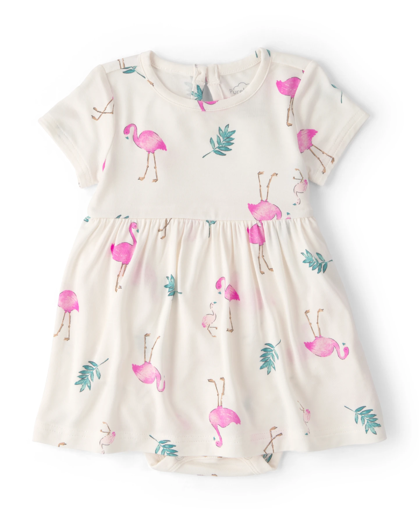 Baby Girl Flamingo PurelySoft Short-Sleeve Bodysuit Dress - Ivory