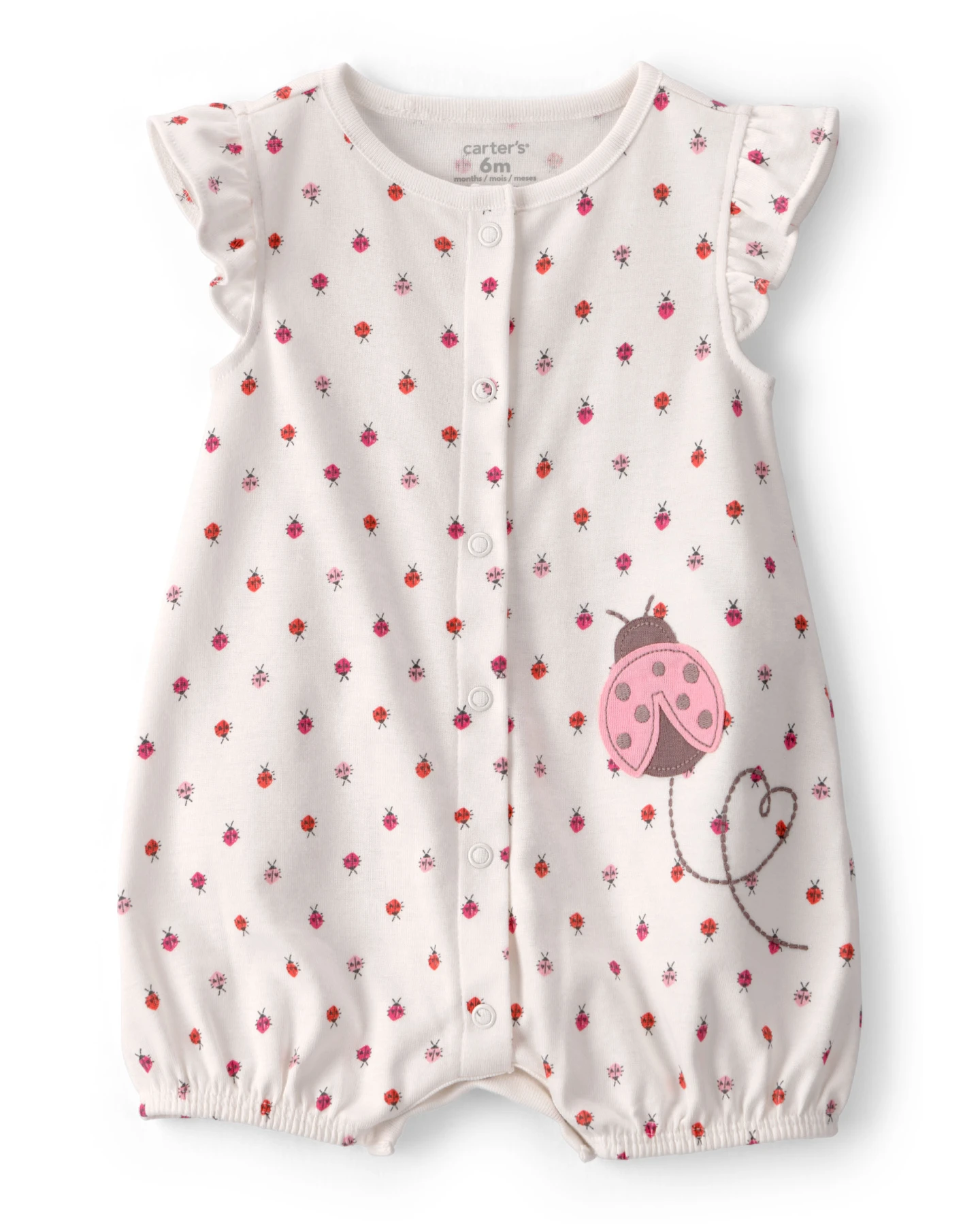 Baby Girl Ladybug Flutter Sleeve Romper - Ivory