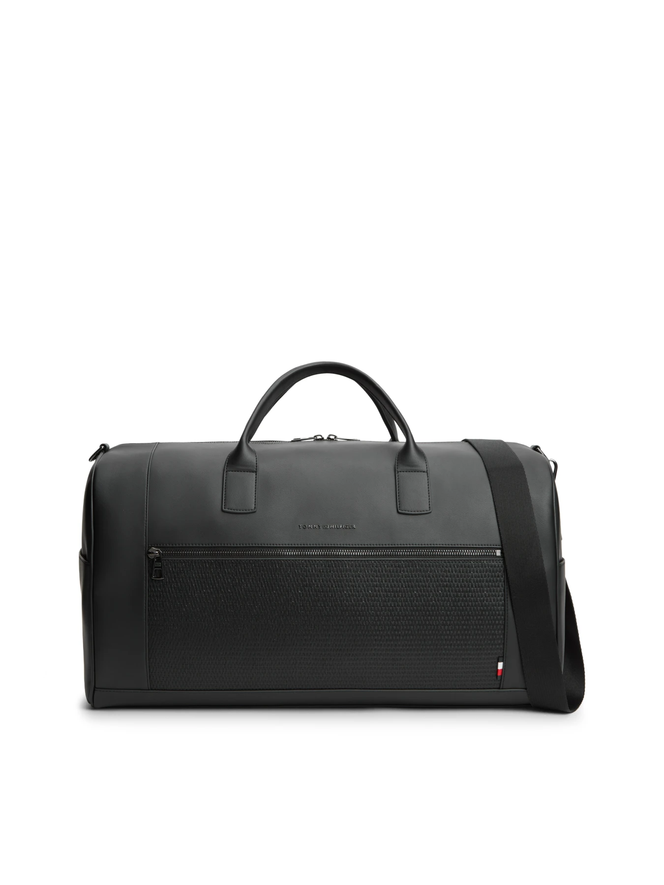 Sleek Leather Duffle Bag with Woven Pocket