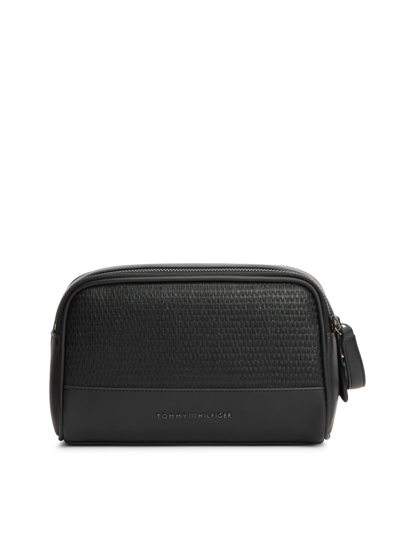 Pebbled Leather Washbag with Metal Logo & Woven Details