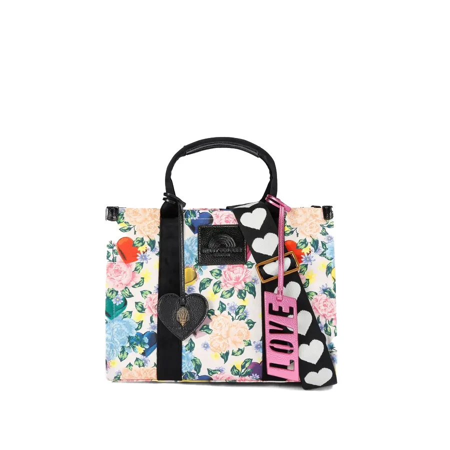 Floral Print Small Canva Tote Bag with Heart-Patterned Strap and "LOVE" Bag Charm