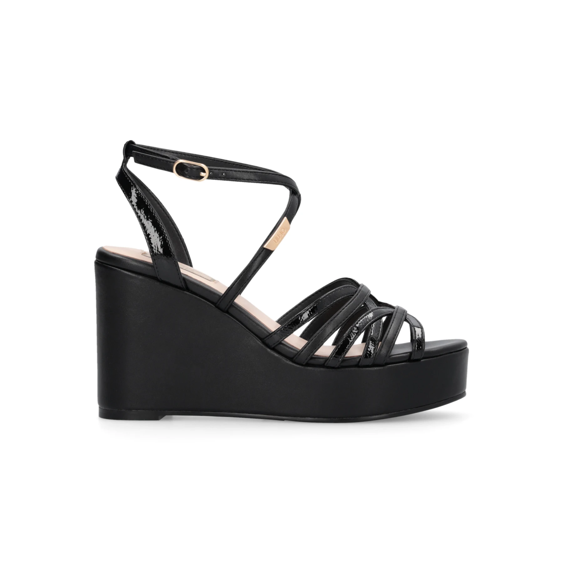 Strappy Wedge Leather Sandals with Patent Accents