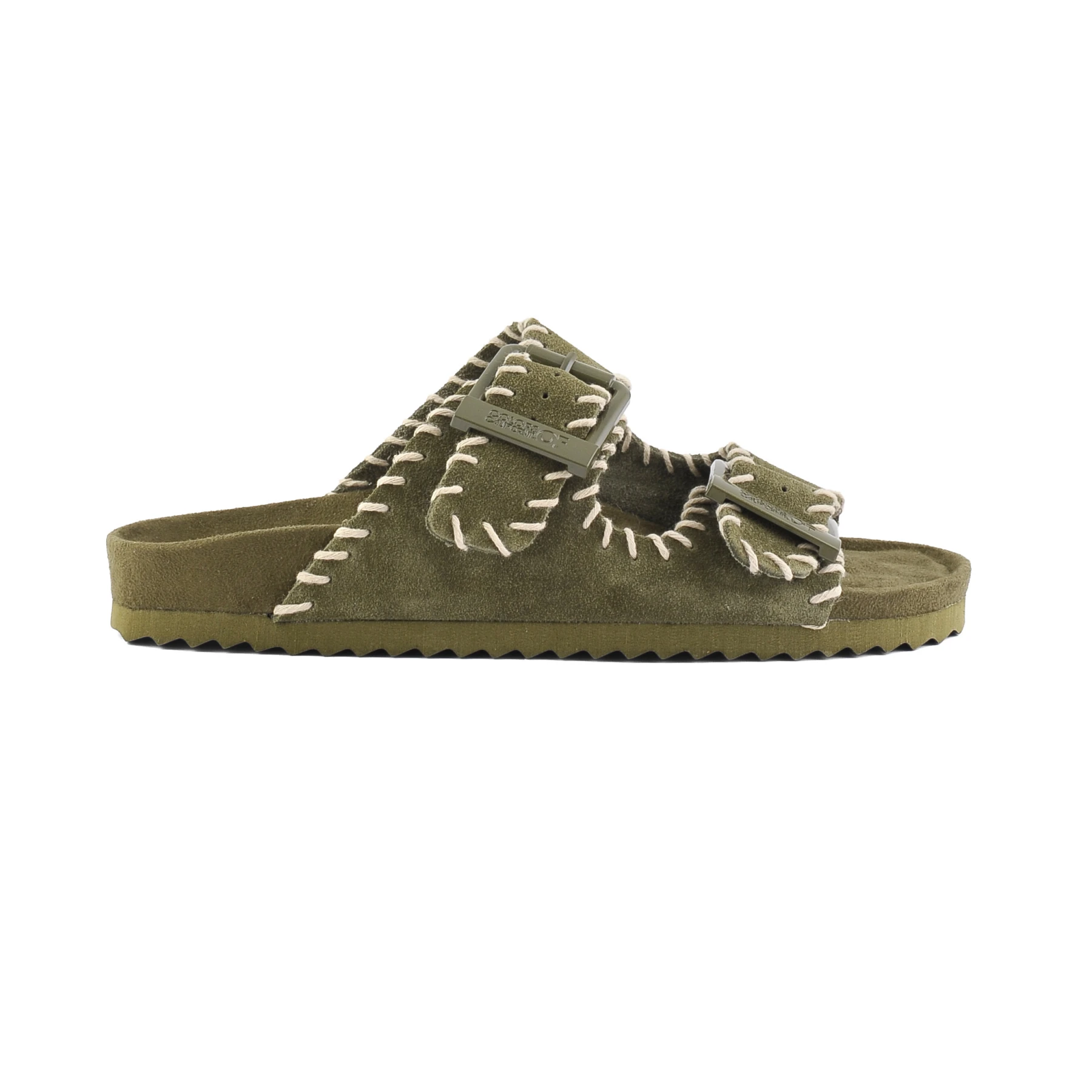 Suede-Effect Two-Strap Slide With Contrast Whipstitching