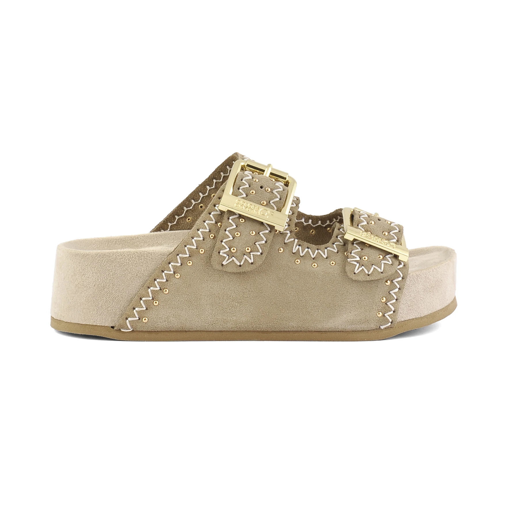 Platform Buckle Suede Slide with Studs and Whipstitching
