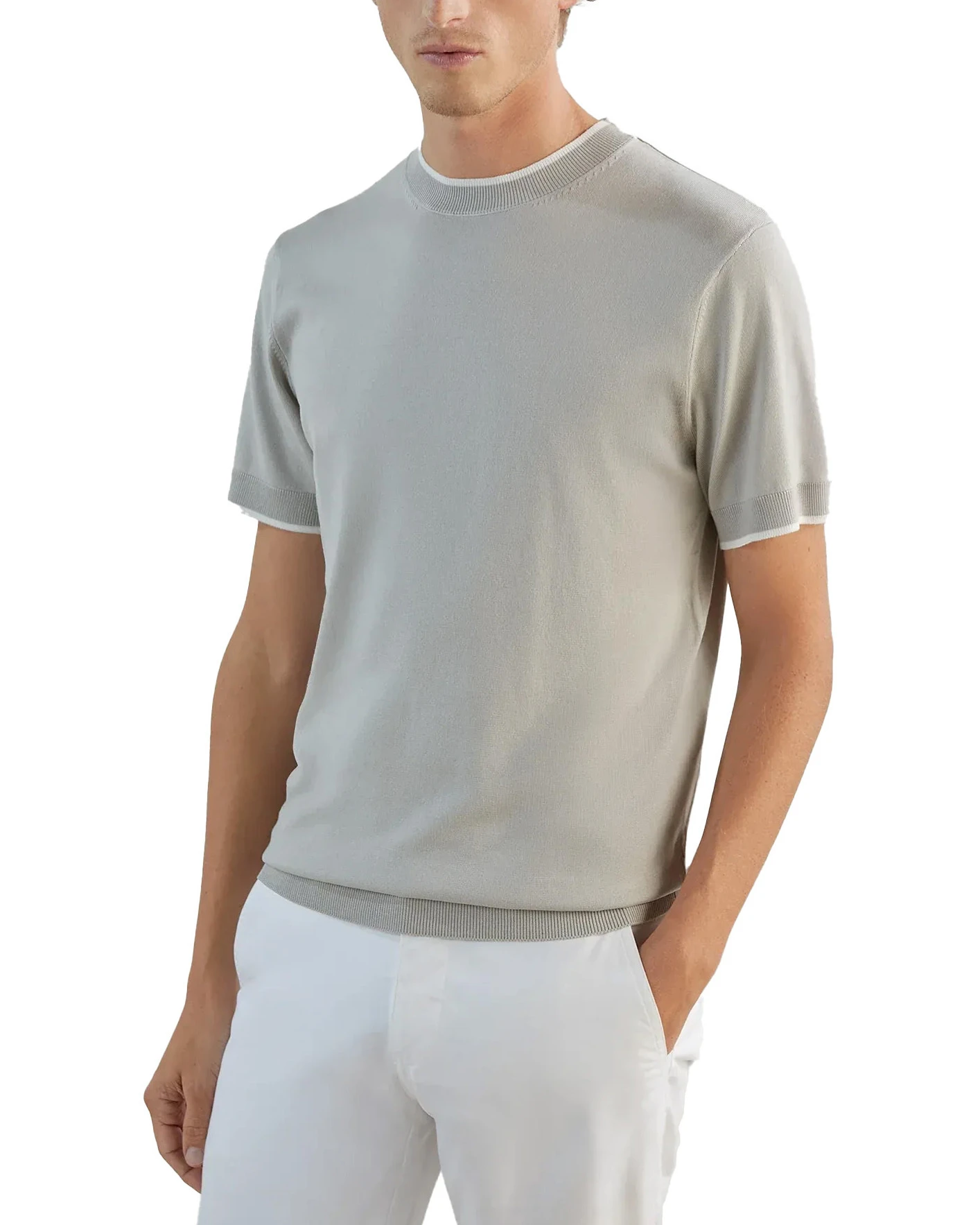 Short-Sleeved Knit T-Shirt with Contrasting Trim