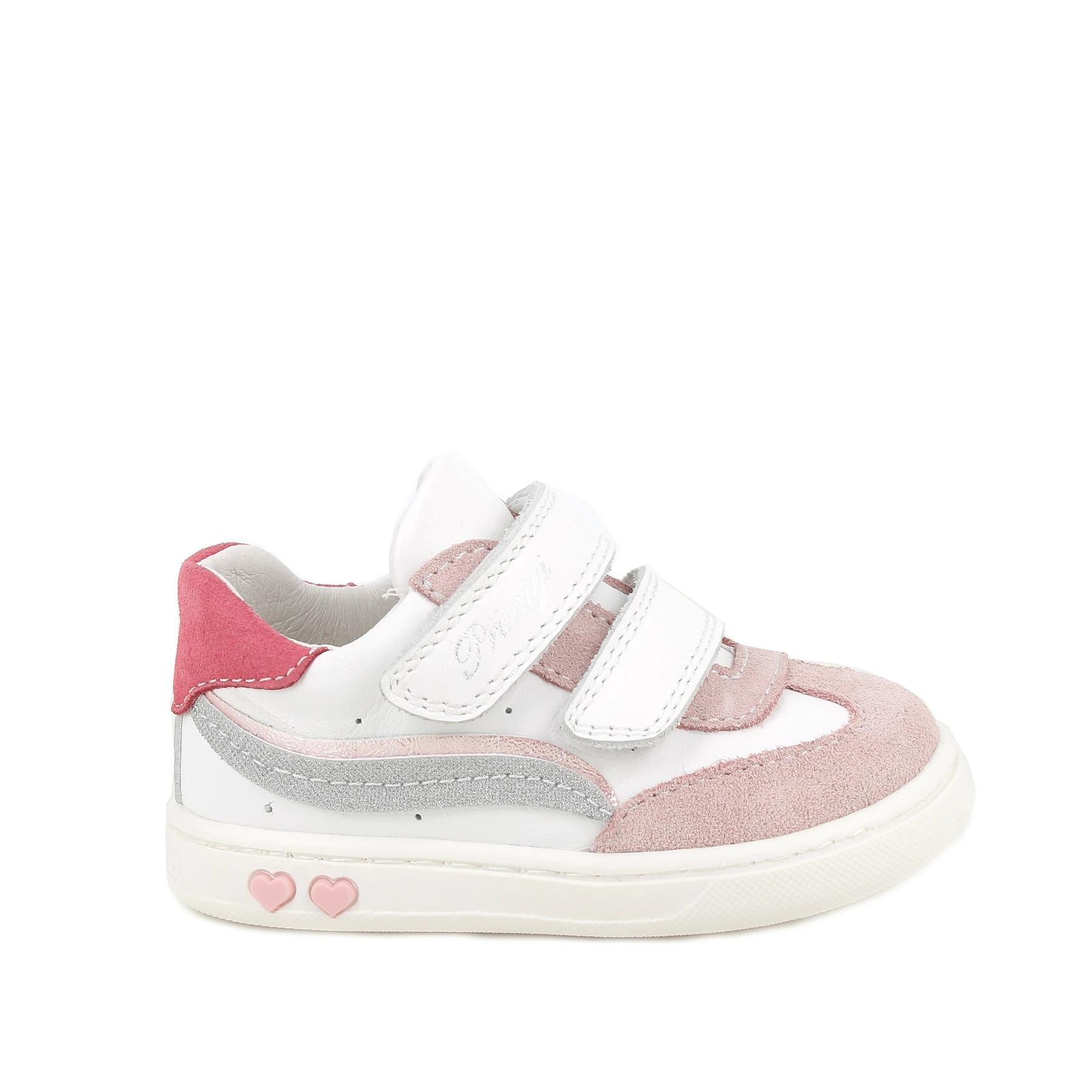 Baby Girl White and Pink Leather Sneakers with Double Hook-and-Loop Straps and Heart Detail