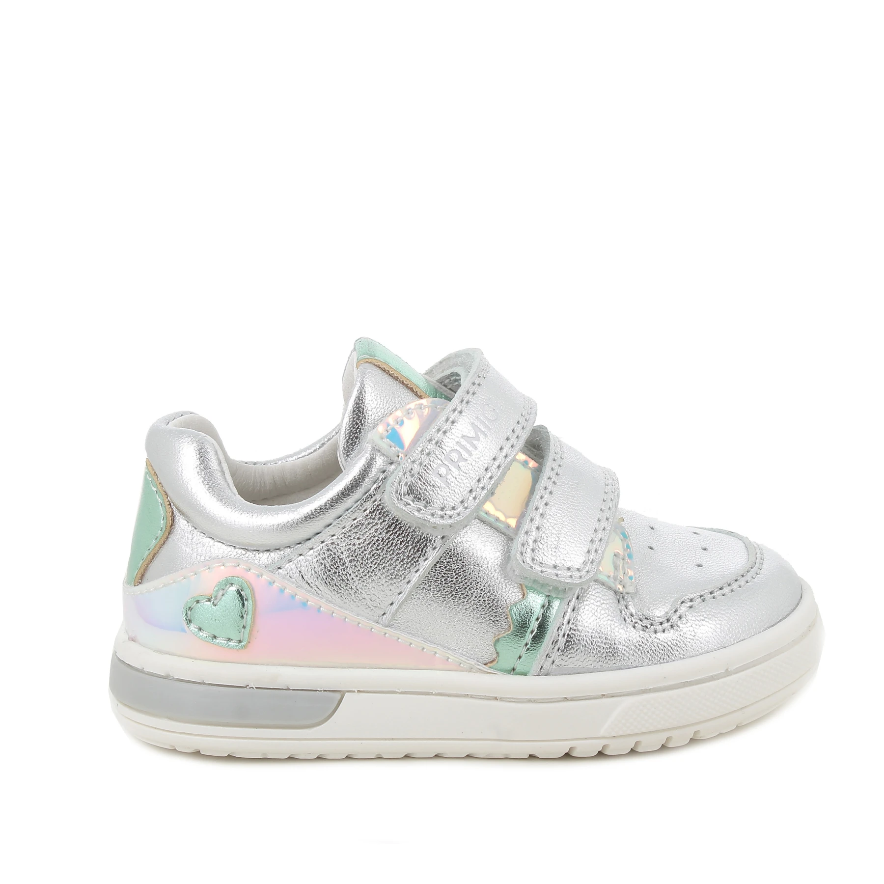 Baby Girl Metallic Silver Sneakers with Iridescent Heart Detail