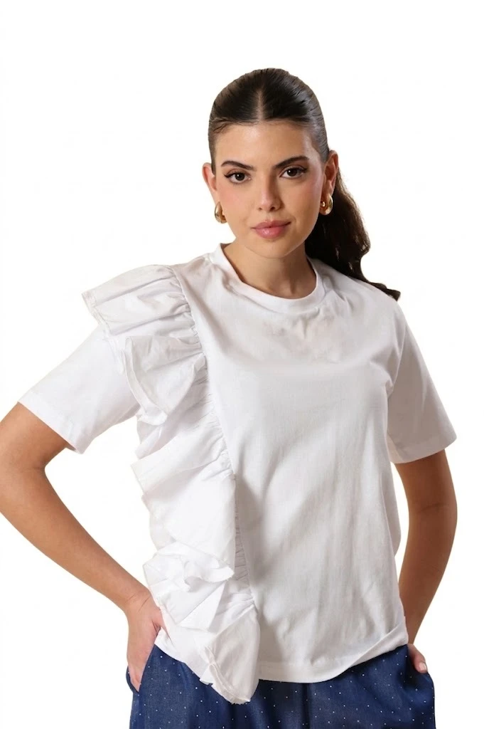Short Sleeve Cotton Top With Ruffles Details